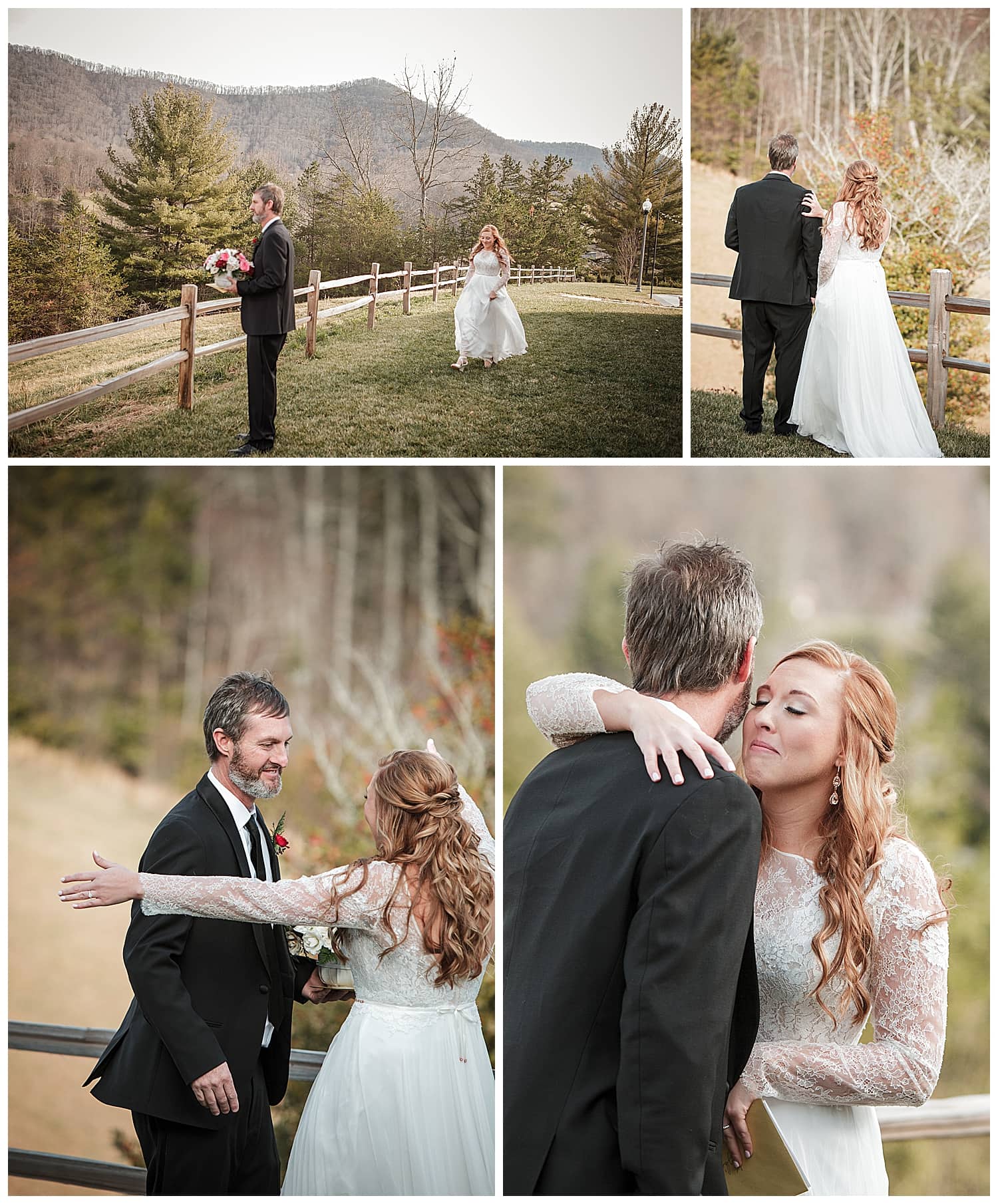 Photo collage of bride and walking up behind her father sharing her first look with him on her wedding day, embracing one another with a hug smiling