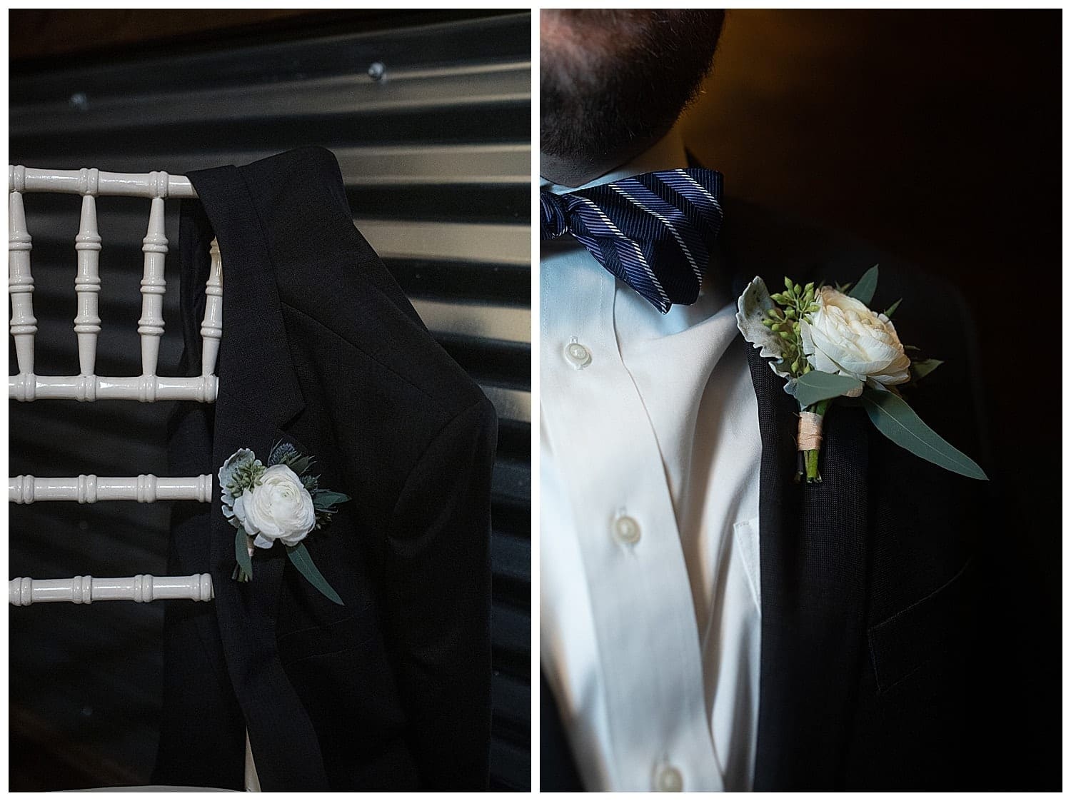 Grooms suit jacket hanging on white chair with cream colored flower boutonniere