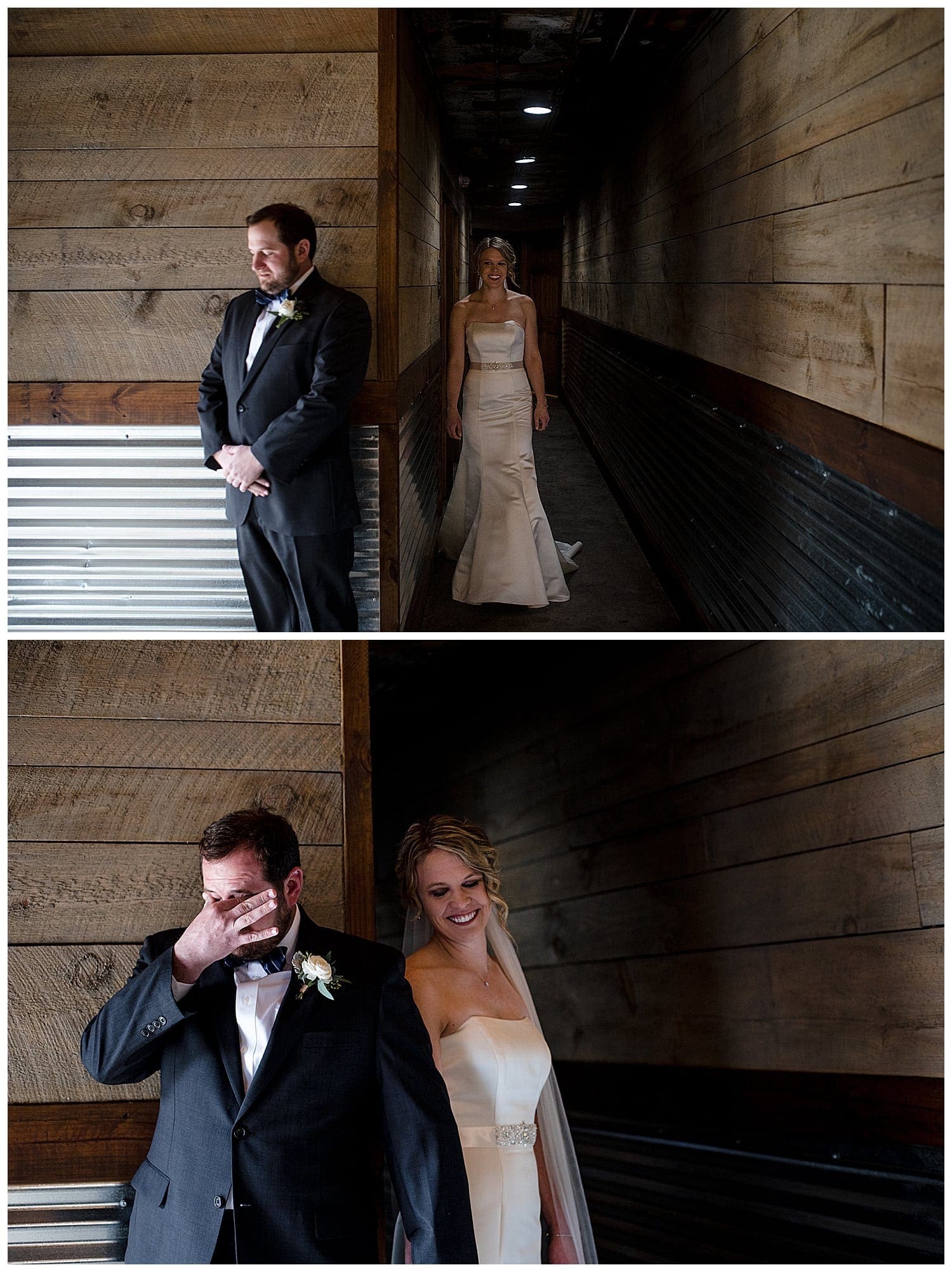 Groom awaiting first look at the bride with his back turned to her as she walks down a wood shiplap hallway towards him