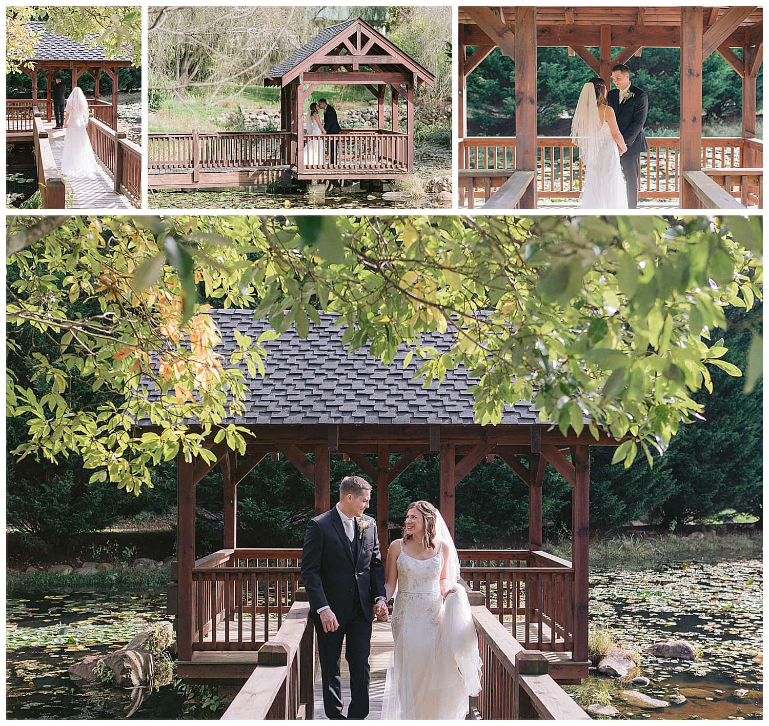 Photo collage of bride and groom sharing their first look on their wedding day on a wooden gazebo dock set amongst a pond and plenty of green lily ads