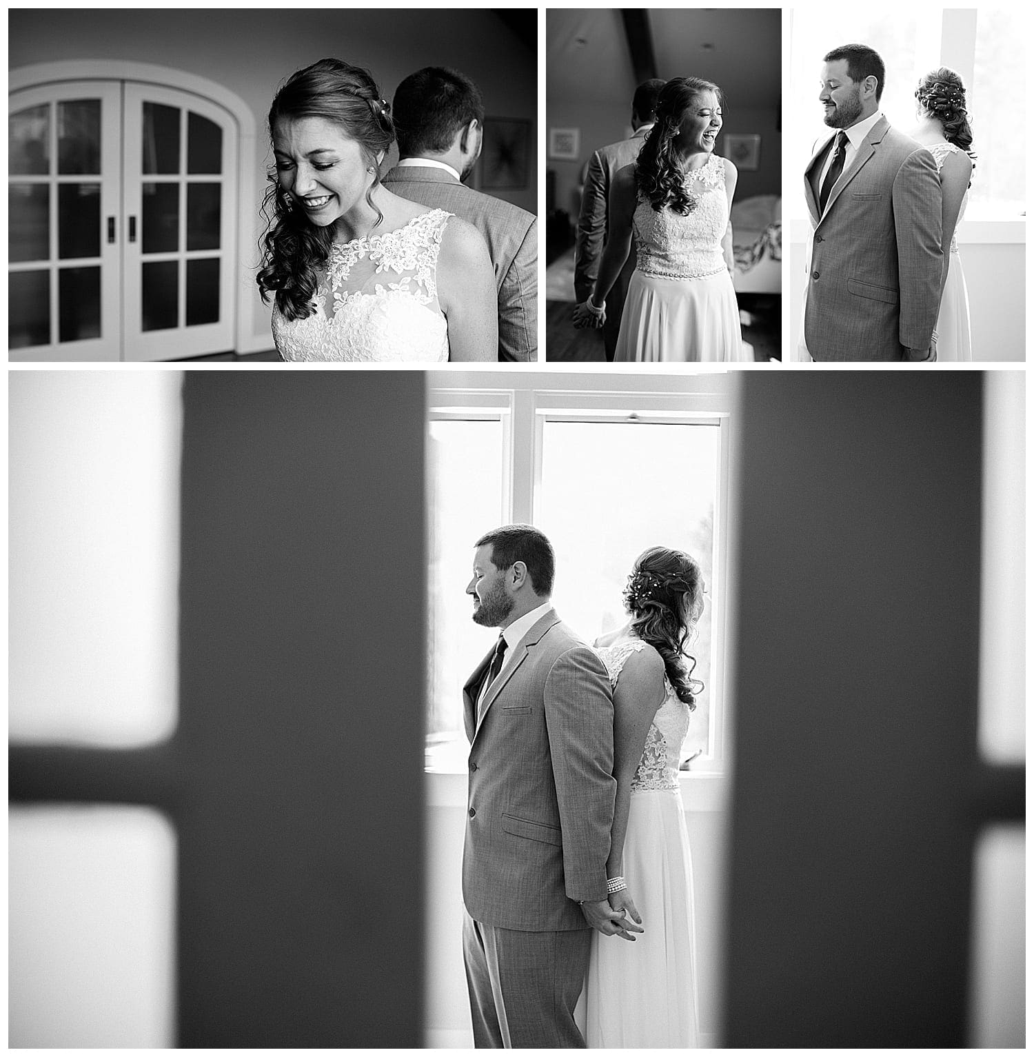Black and white photo collage of bride and groom holding hands standing back to back on their wedding day laughing, while hiding a first look from one another before the ceremony