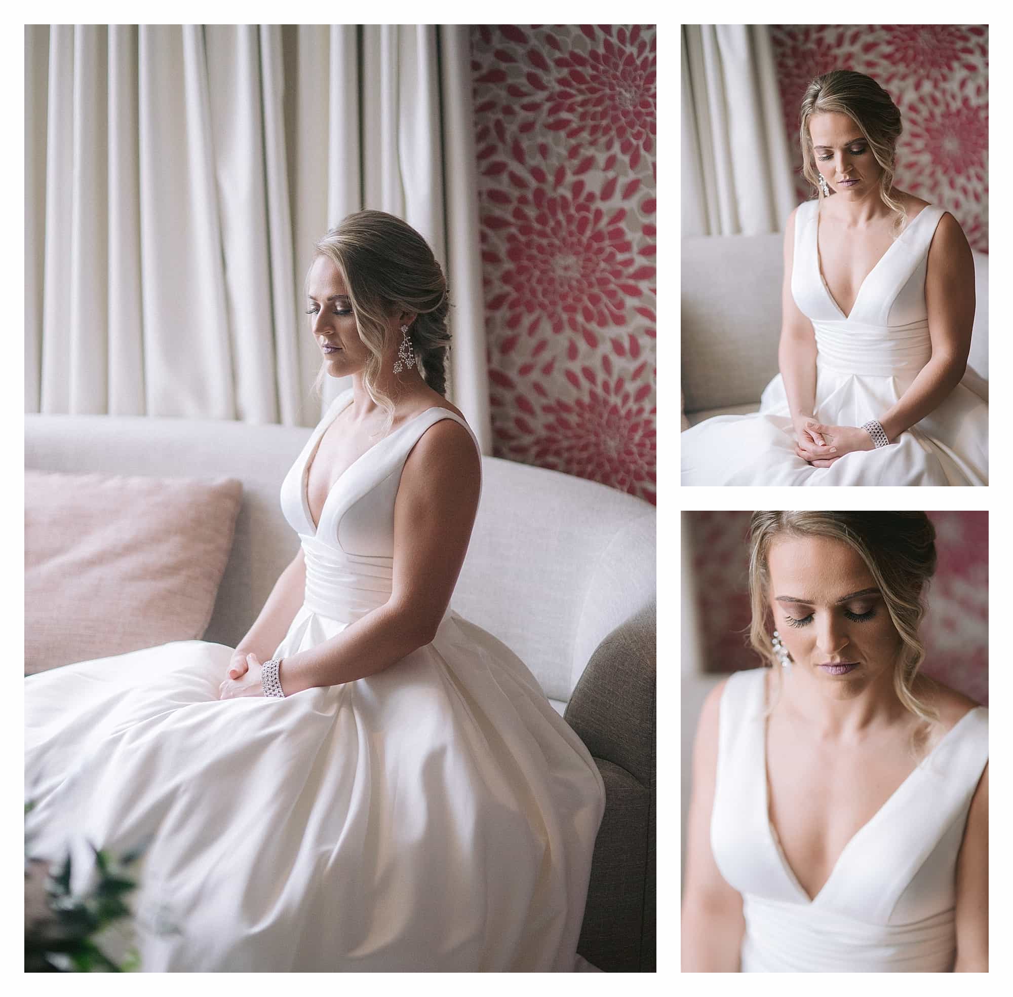 Bride in wedding dress sitting on couch