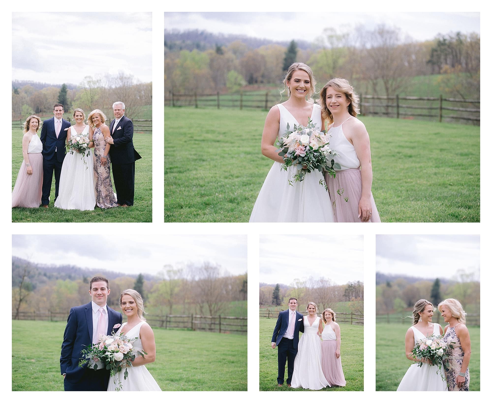 Bride holding bouquet posing with her family for photos