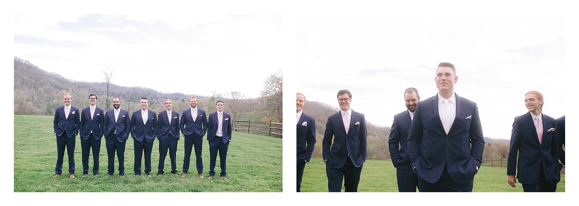 Groom standing with groomsmen in grassy field