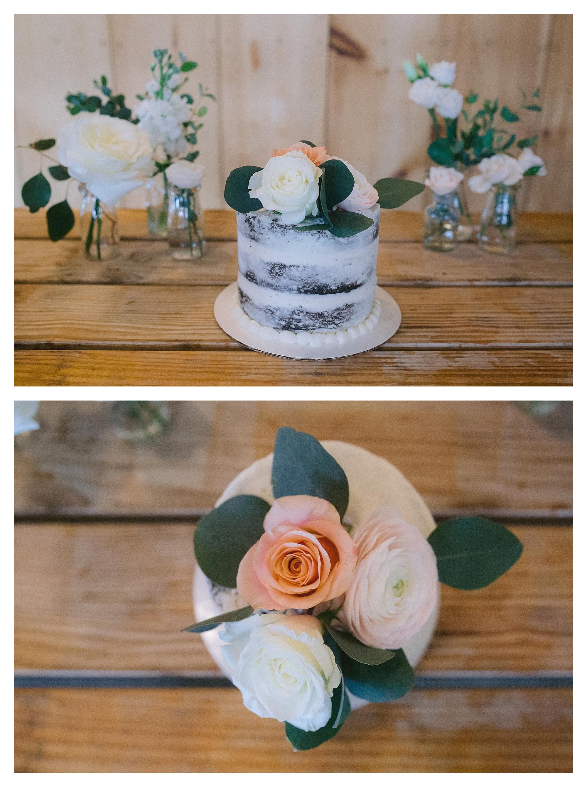 White wedding cake with peach and cream flowers on top