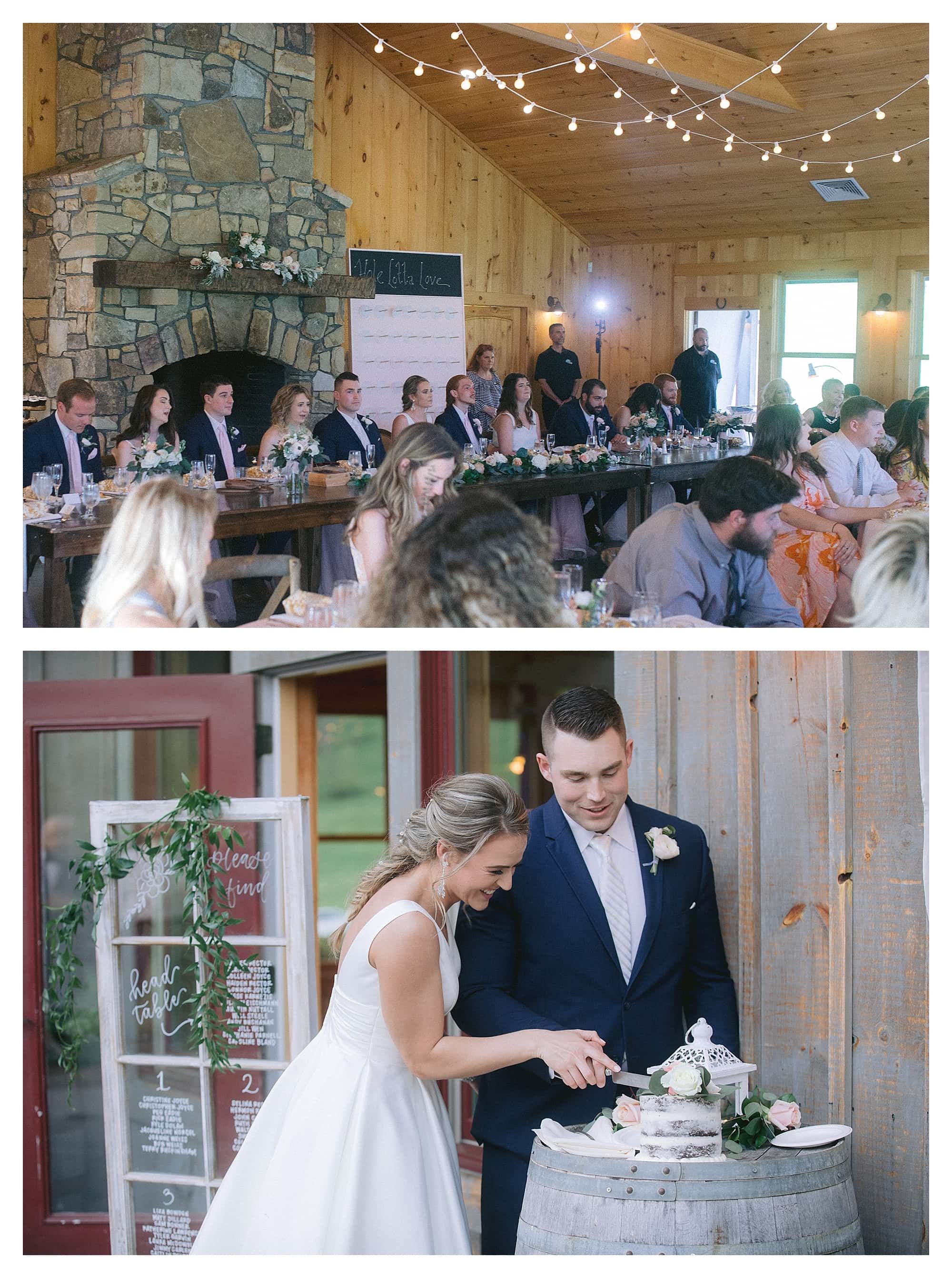 Bride and groom cutting wedding cake