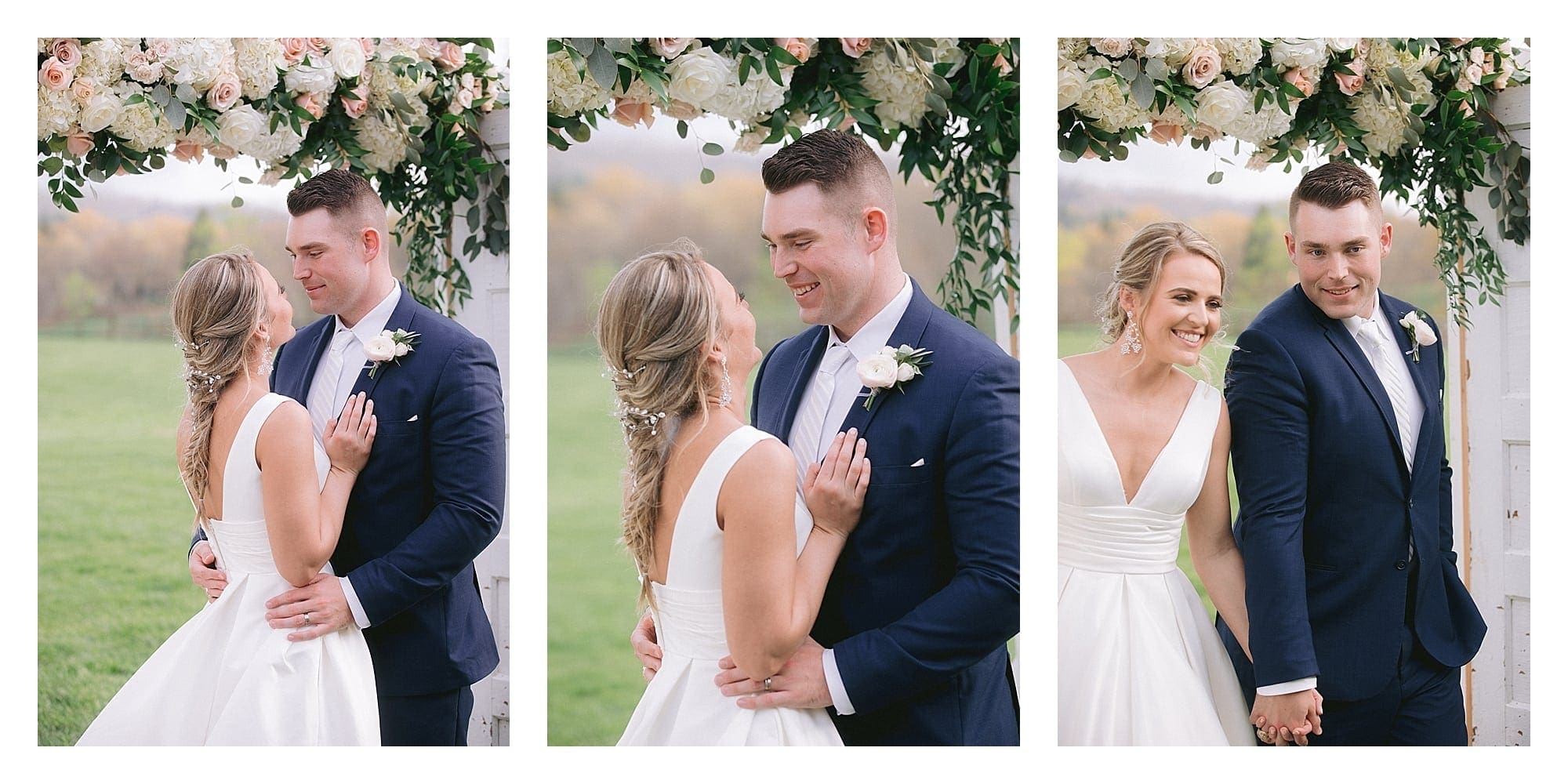 Bride and groom holding hands under cream and peach arbour at wedding