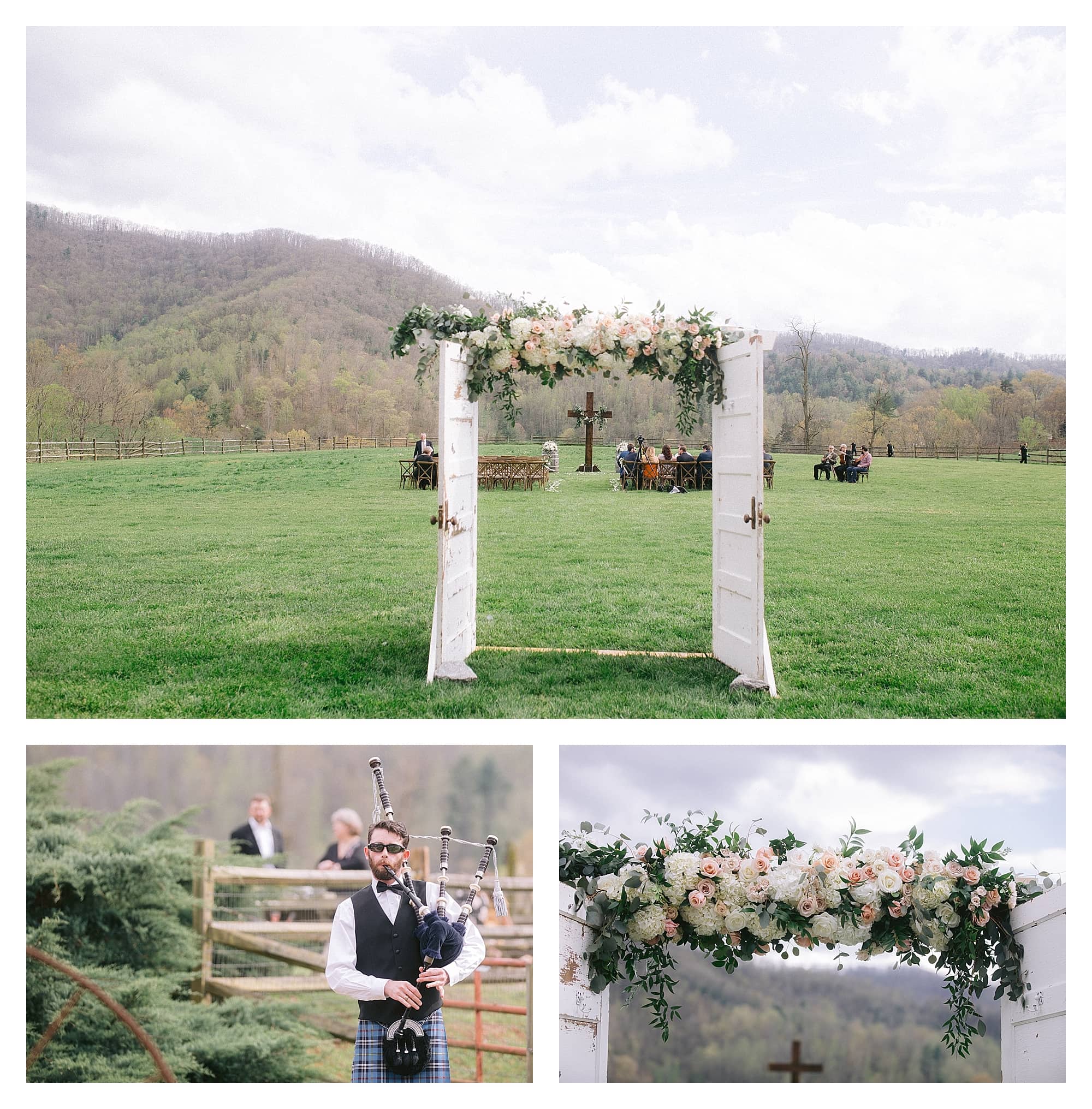 Wedding ceremony decor - wedding arbour made with two old doors and cream and peach flowers across the top