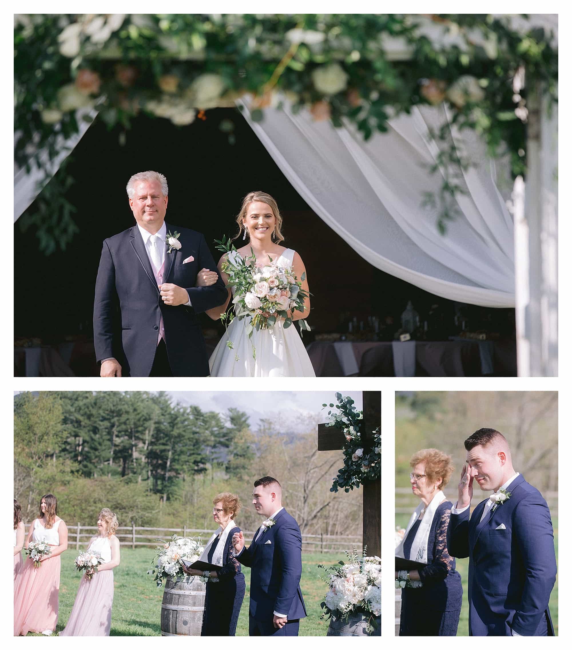 Father walking bride down the aisle and groom tearing up at first look of the bride