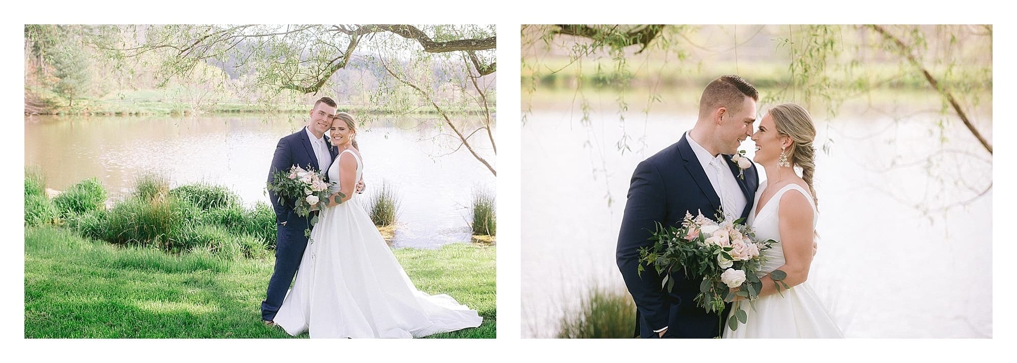 Bride and groom posing beside pond under willow tree