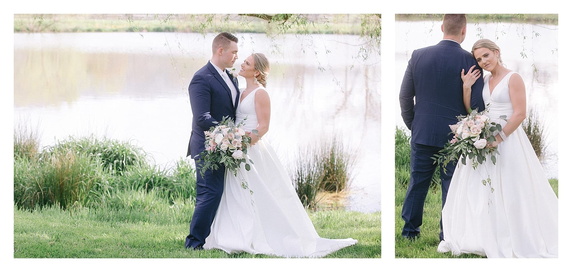 Bride and groom posing beside pond under willow tree