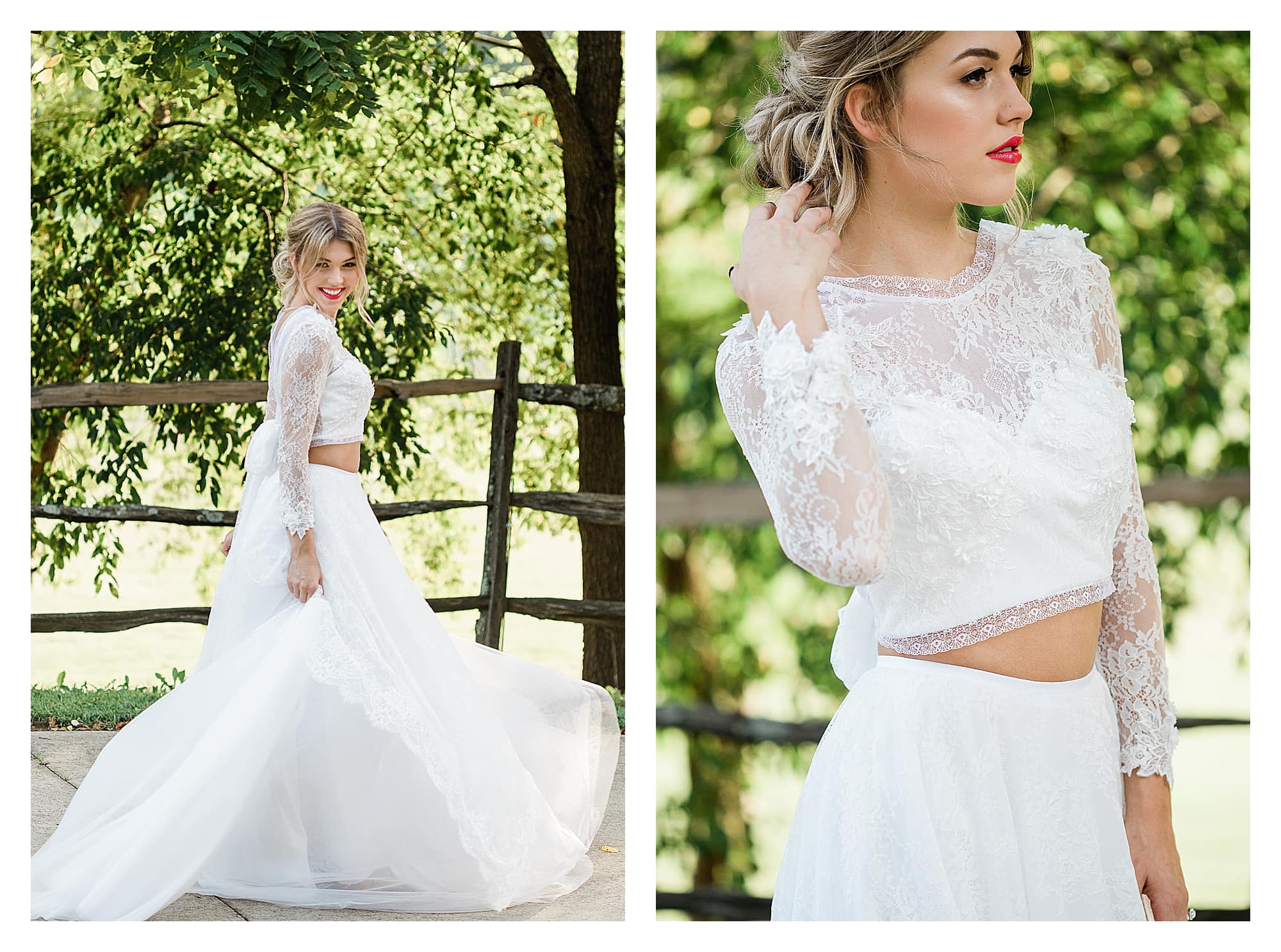 Bride wearing two piece white lace wedding dress smiling outside under trees