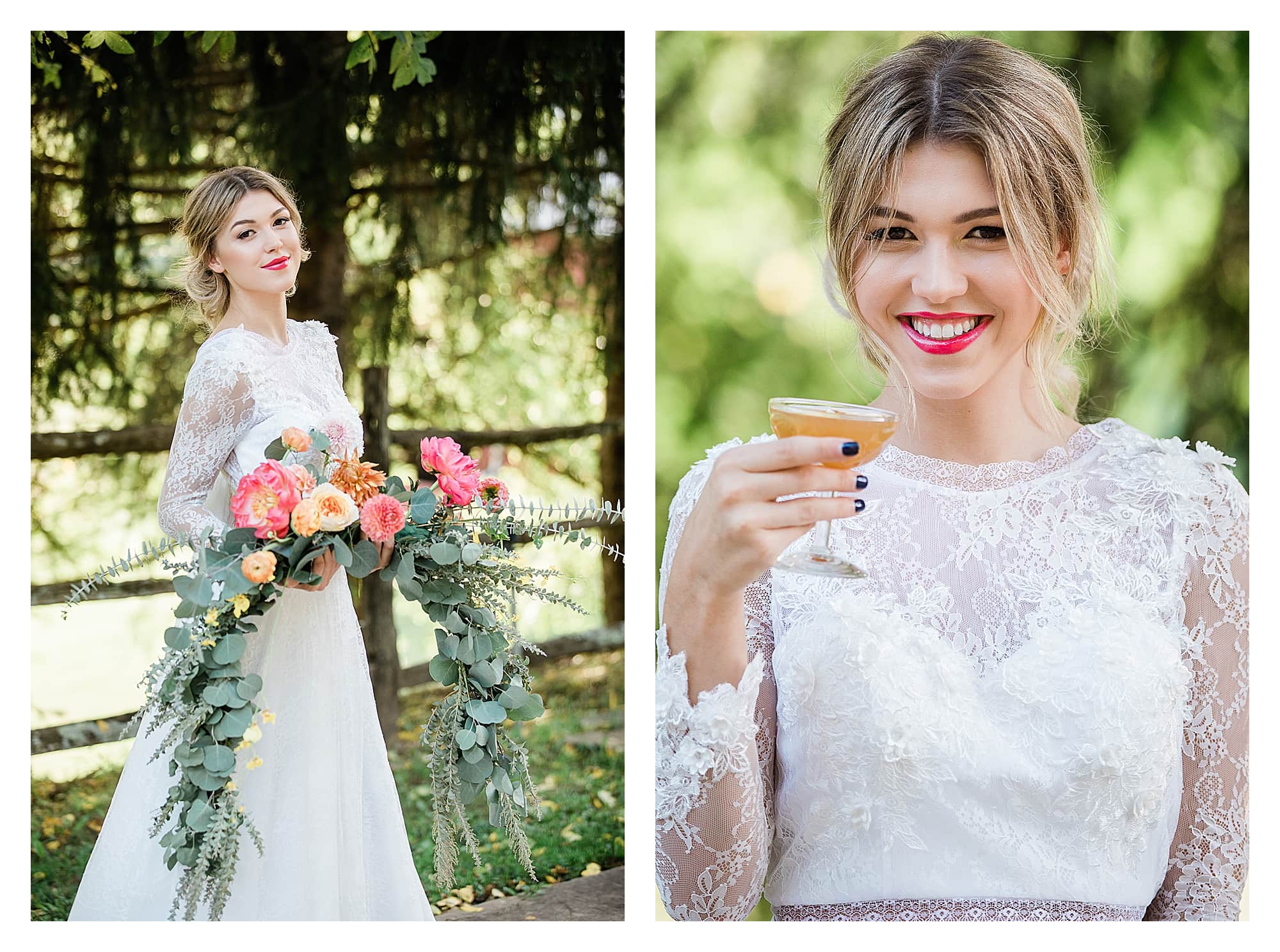 Bride wearing two piece white lace wedding dress sipping cocktail smiling