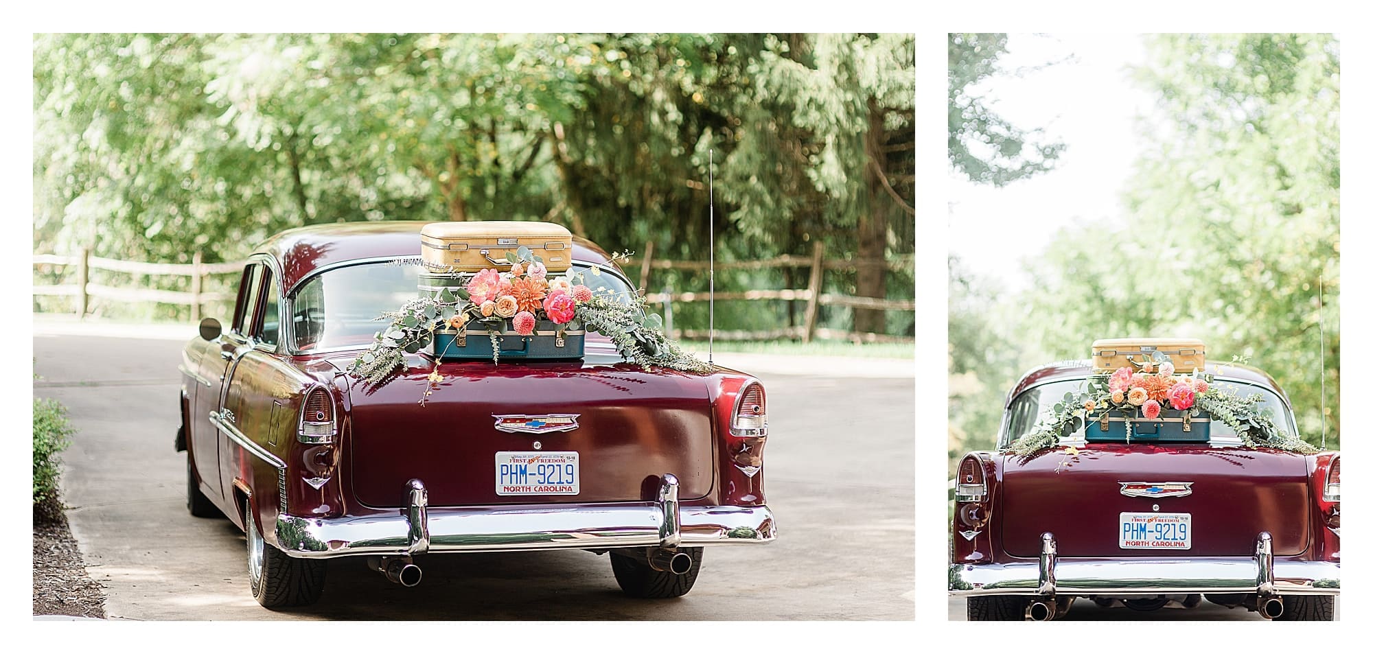 Dark red old fashioned car with suitcases sitting on top of trunk with peach, pink and orange wedding flowers on top