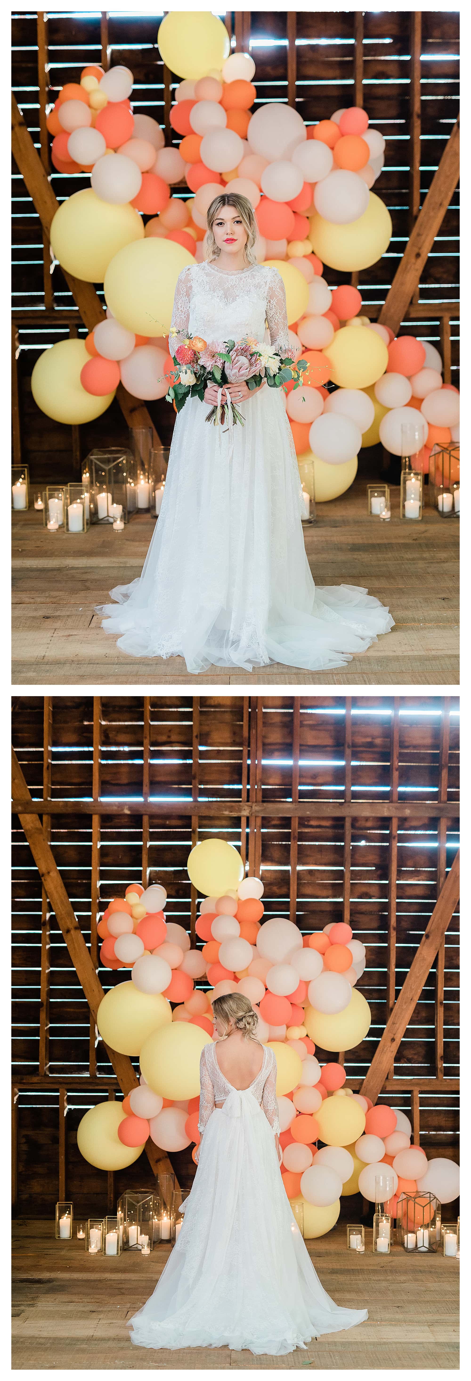 Bride wearing two piece white lace wedding dress holding peach, pink and yellow themed wedding bouquet