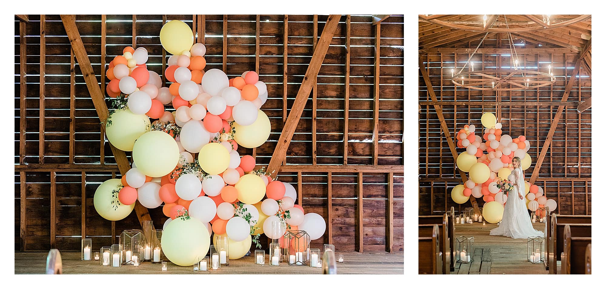 Bride in white two piece lace gown standing in wooden wedding chapel with yellow, orange, peach and white balloon backdrop with candles