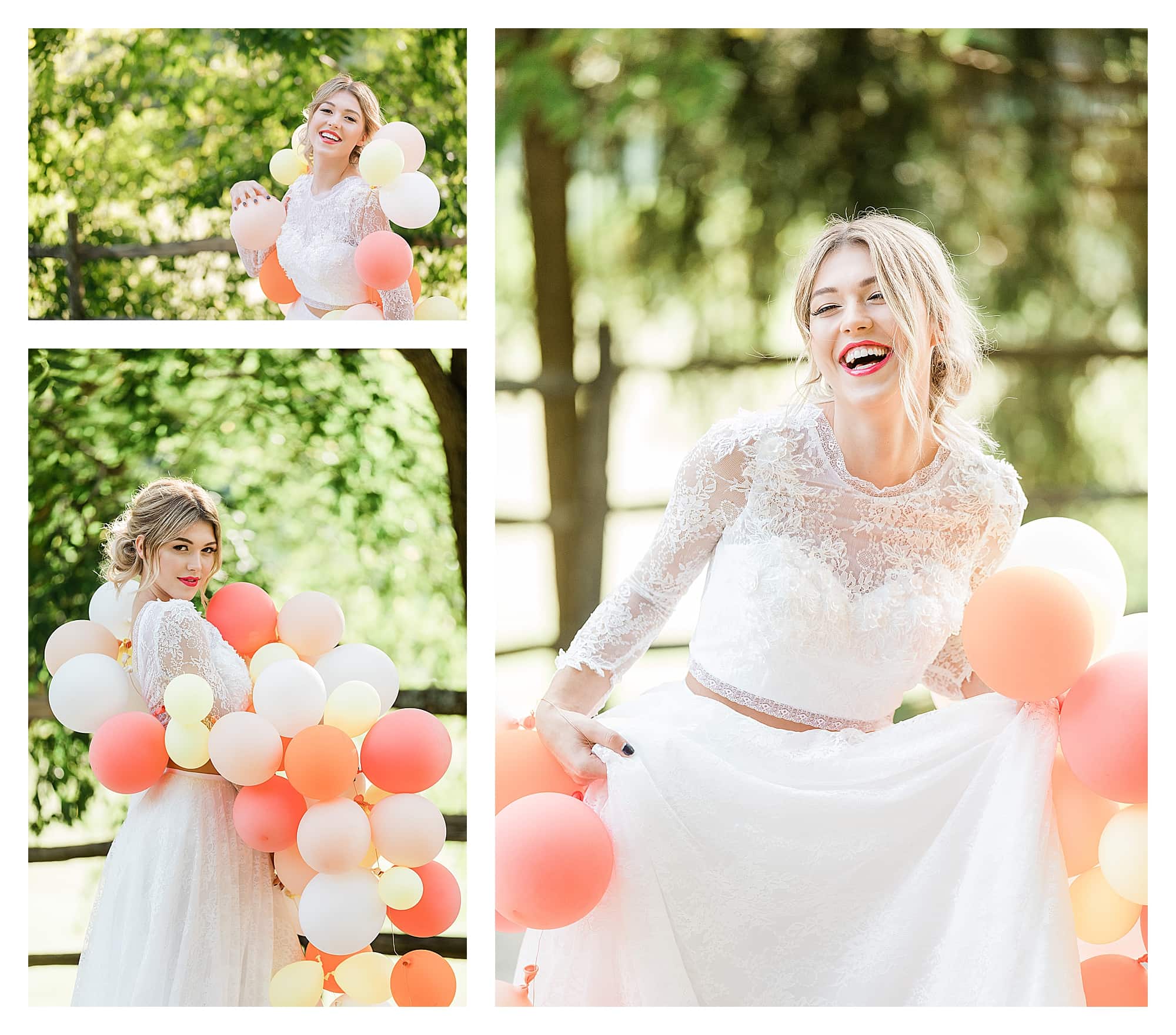 Bride in white two piece lace gown holding string filled with yellow, orange, peach and white balloons laughing