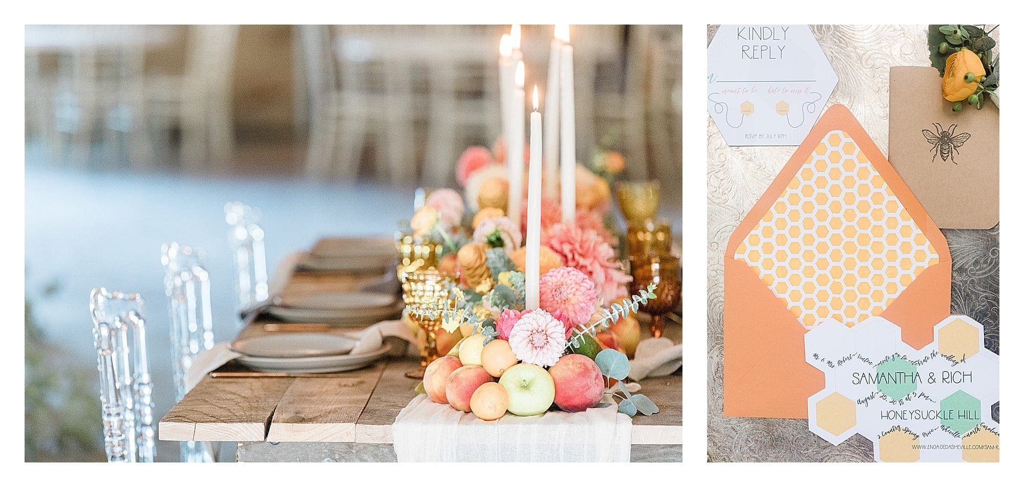 Rustic wooden table and clear plastic chairs with peach, pink and yellow citrus fruits as centrepiece down center of table with white candles and summer themed wedding invitations