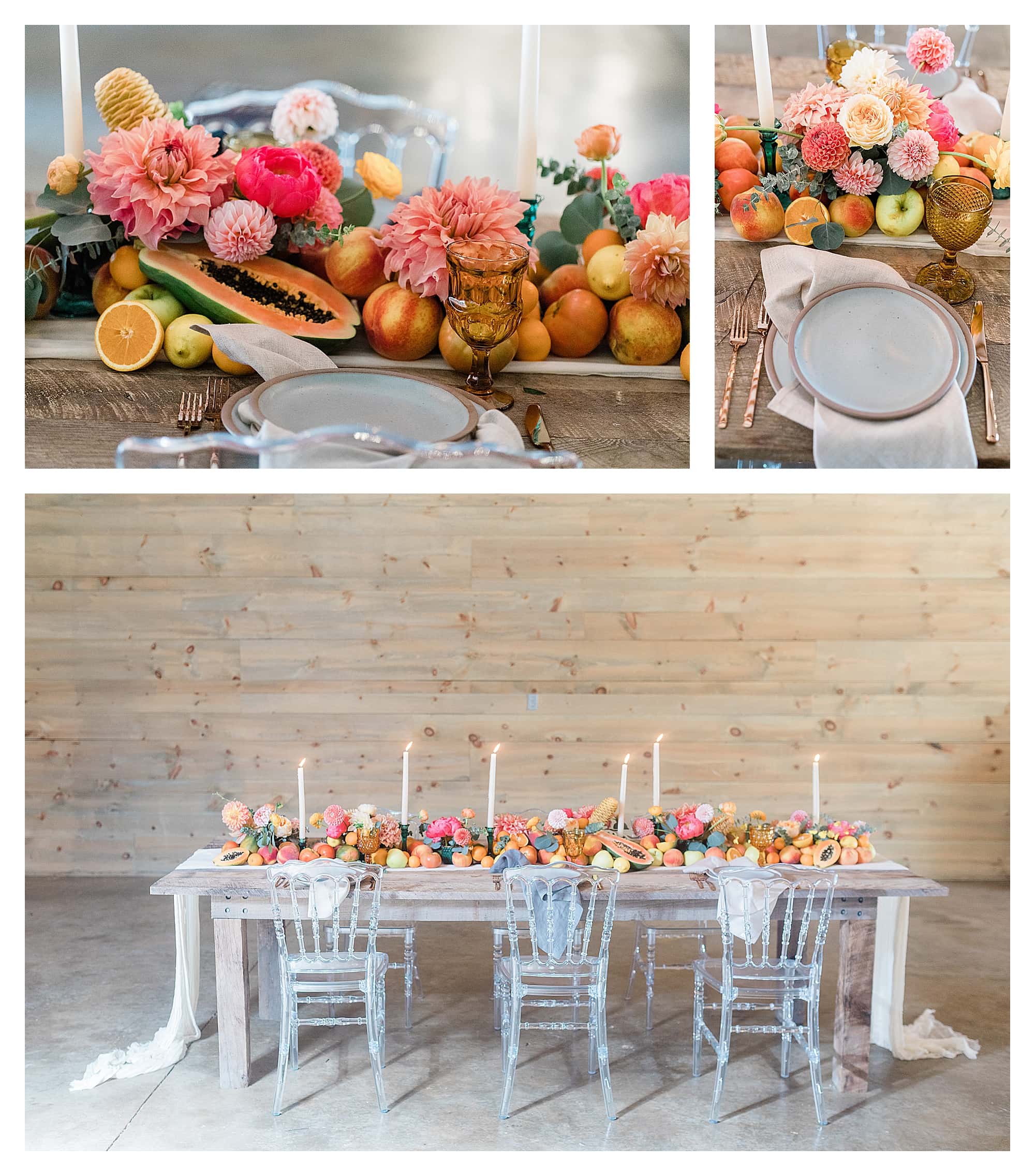 Rustic wooden table and clear plastic chairs with peach, pink and yellow citrus fruits as centrepiece down center of table with white candles