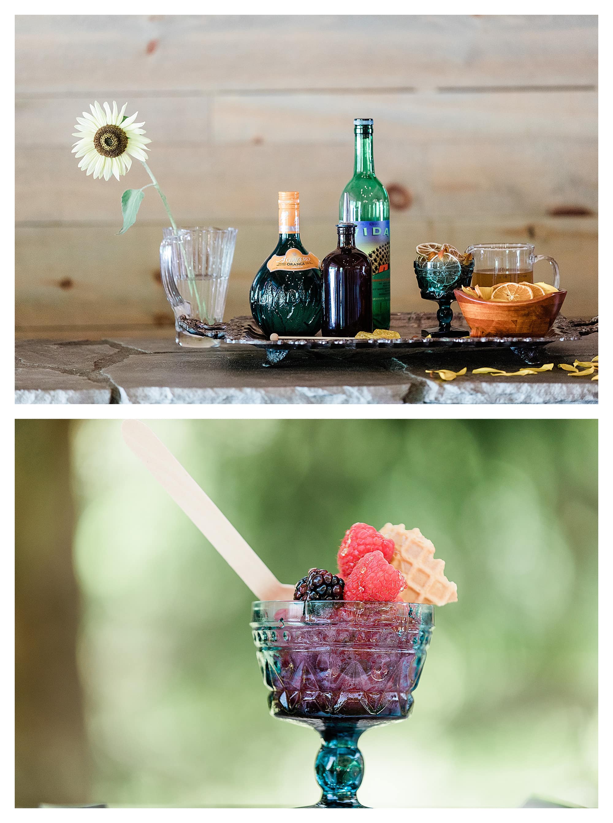 Wedding cocktail platter and berry dessert in blue glass decorative cup