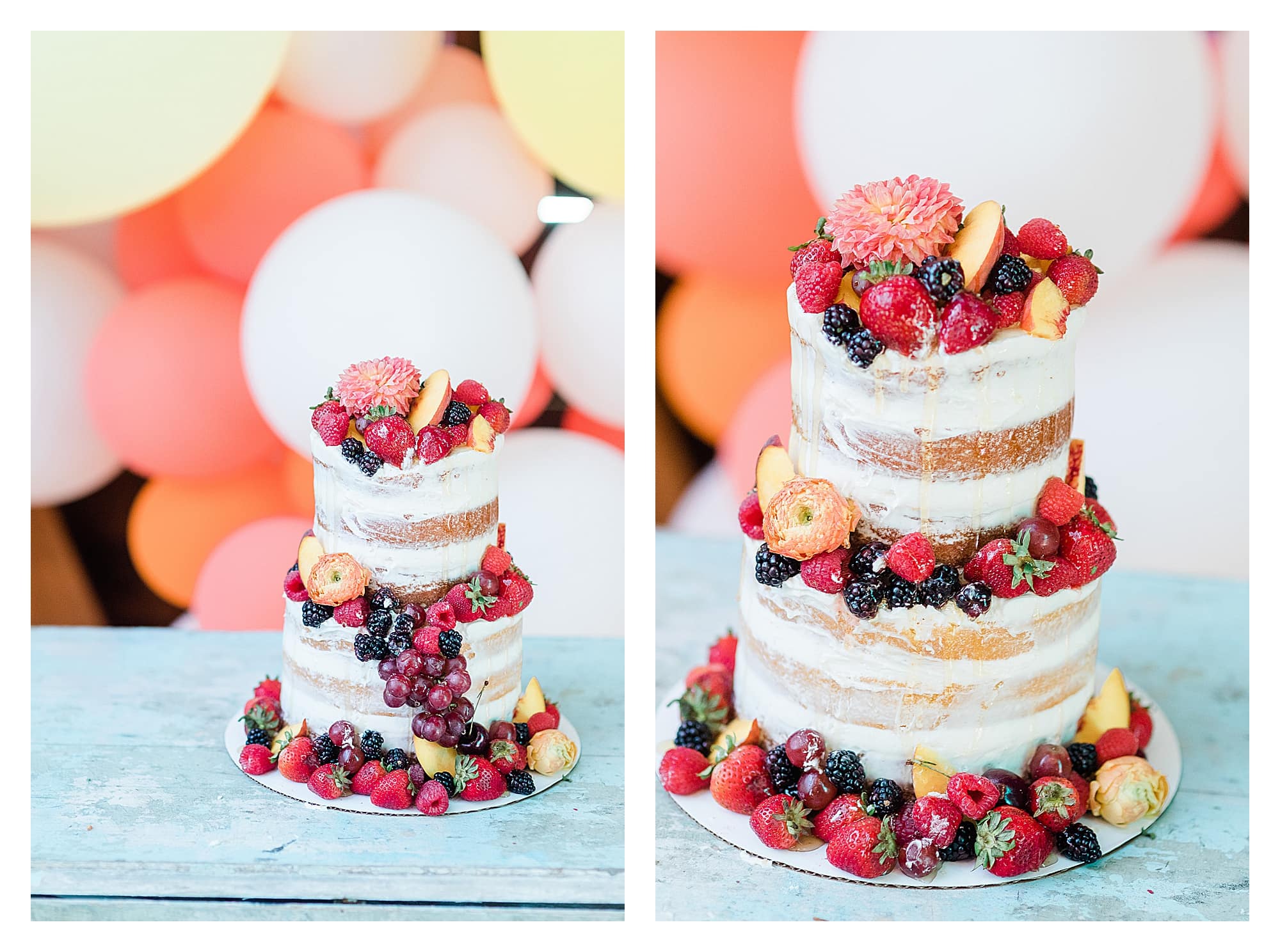 White two layer wedding cake with ring of berries around each layer and on top and drizzled with honey