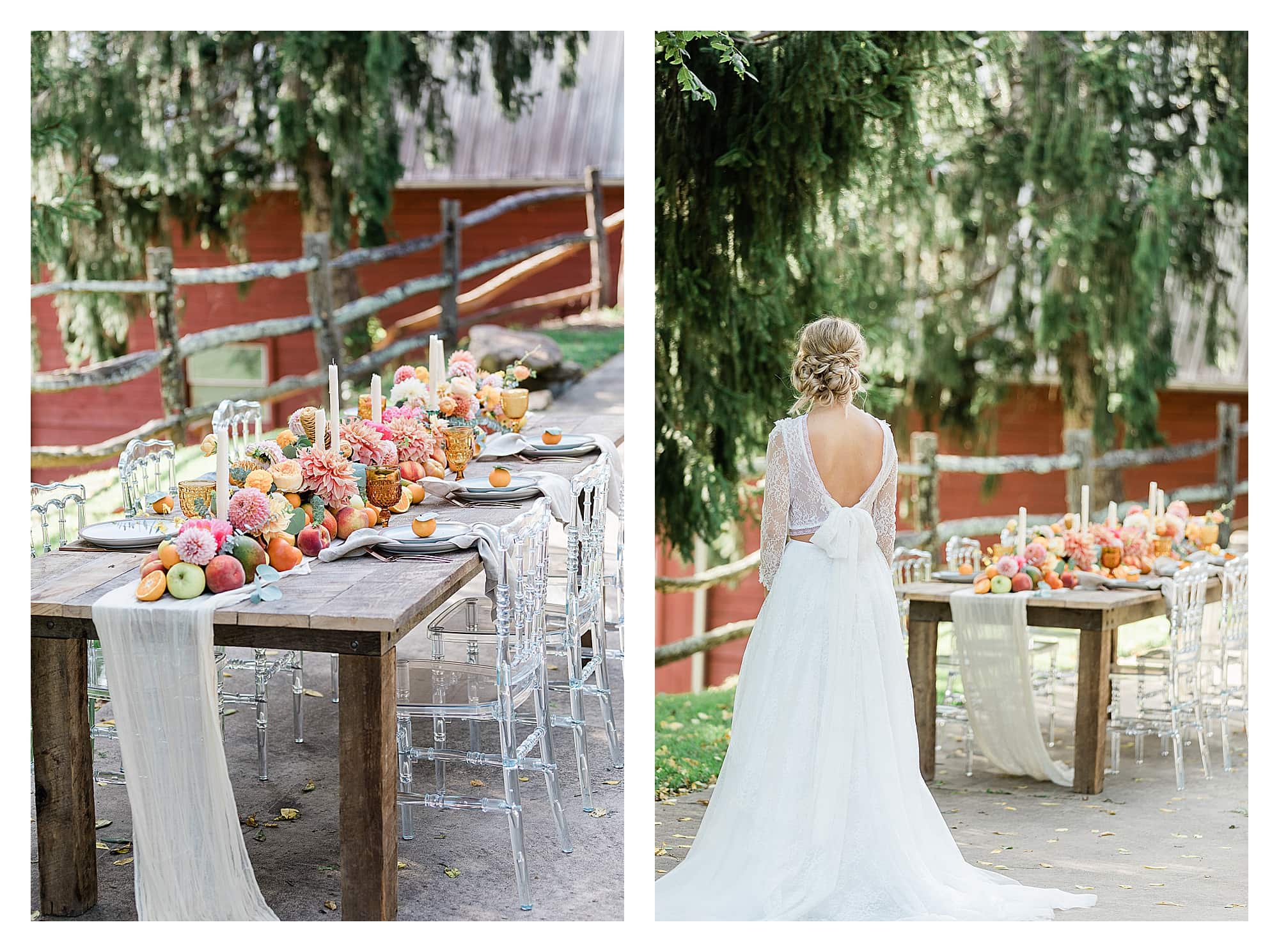Rustic wooden table and clear plastic chairs with peach, pink and yellow citrus fruits as centrepiece down center of table with white candles with bride in white two piece lace gown standing beside smiling