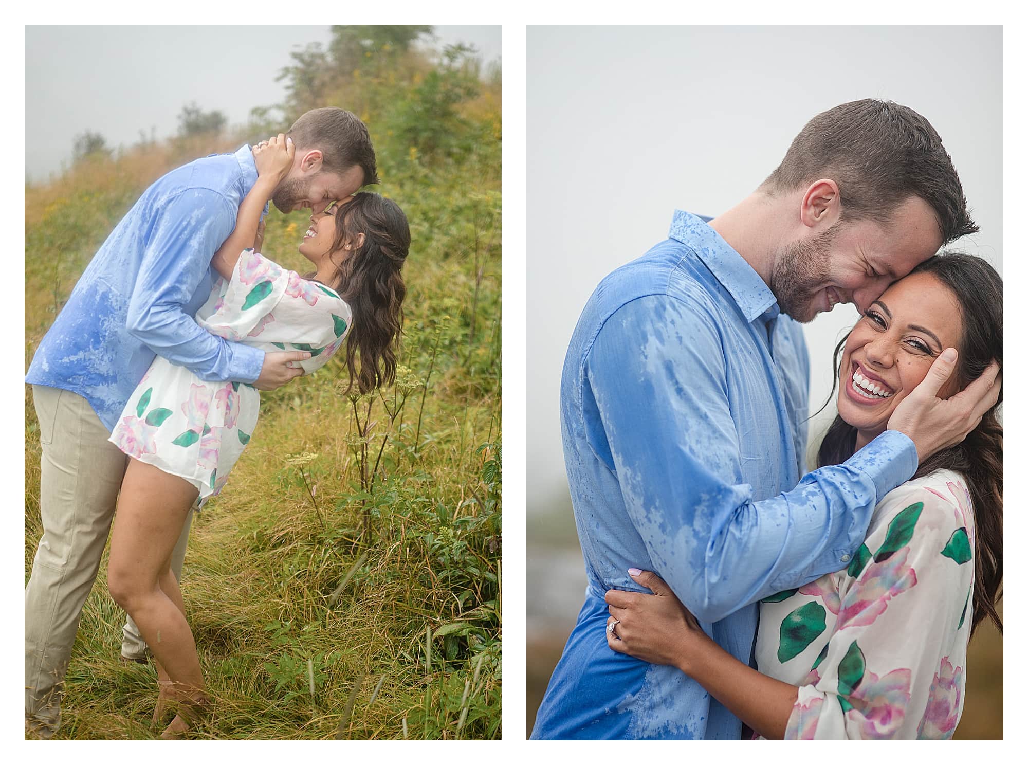 Young newly engaged couple kissing on cloudy mountain top in the rain
