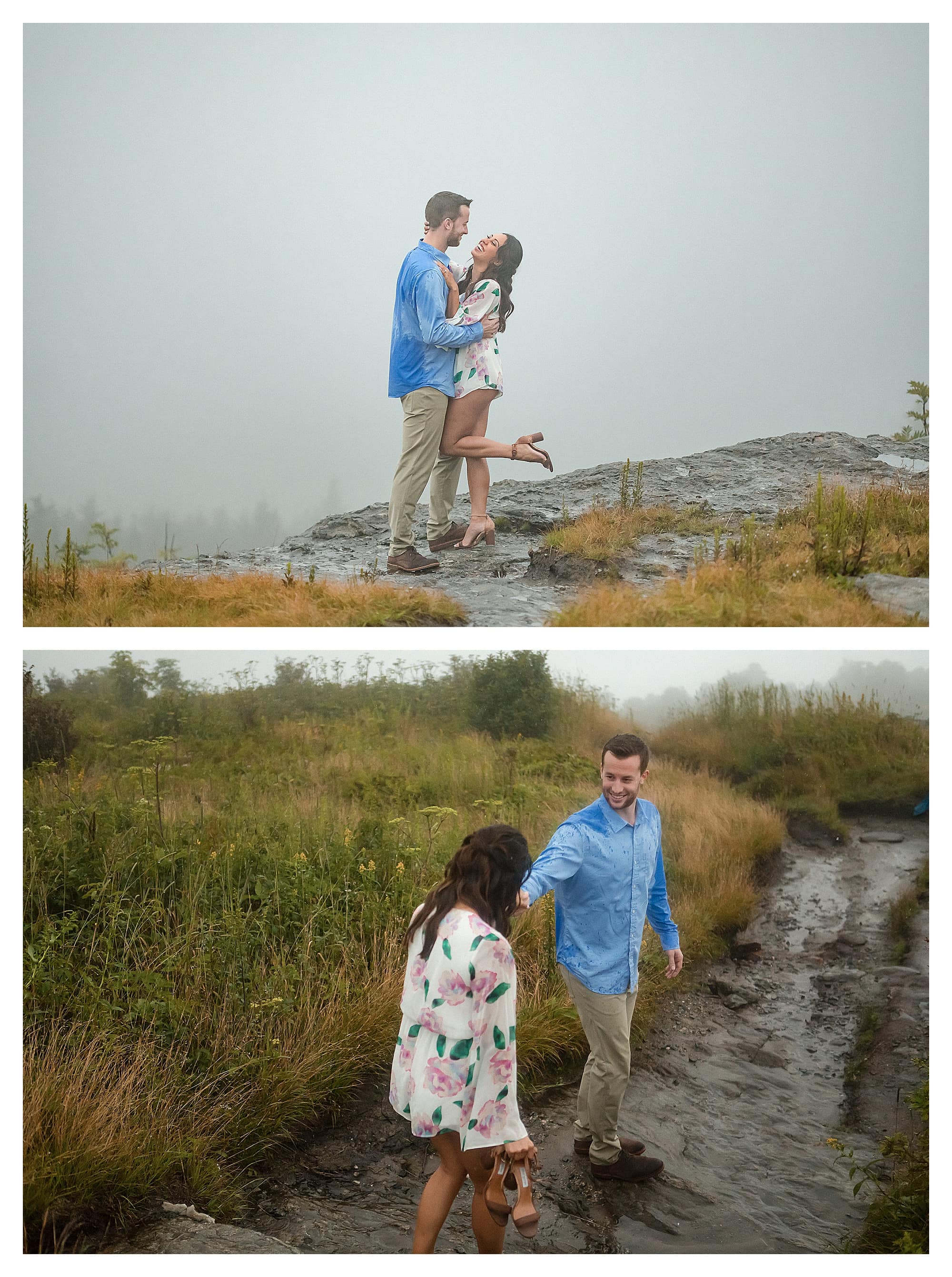 Young newly engaged couple walking down mountain trail on cloudy rainy day