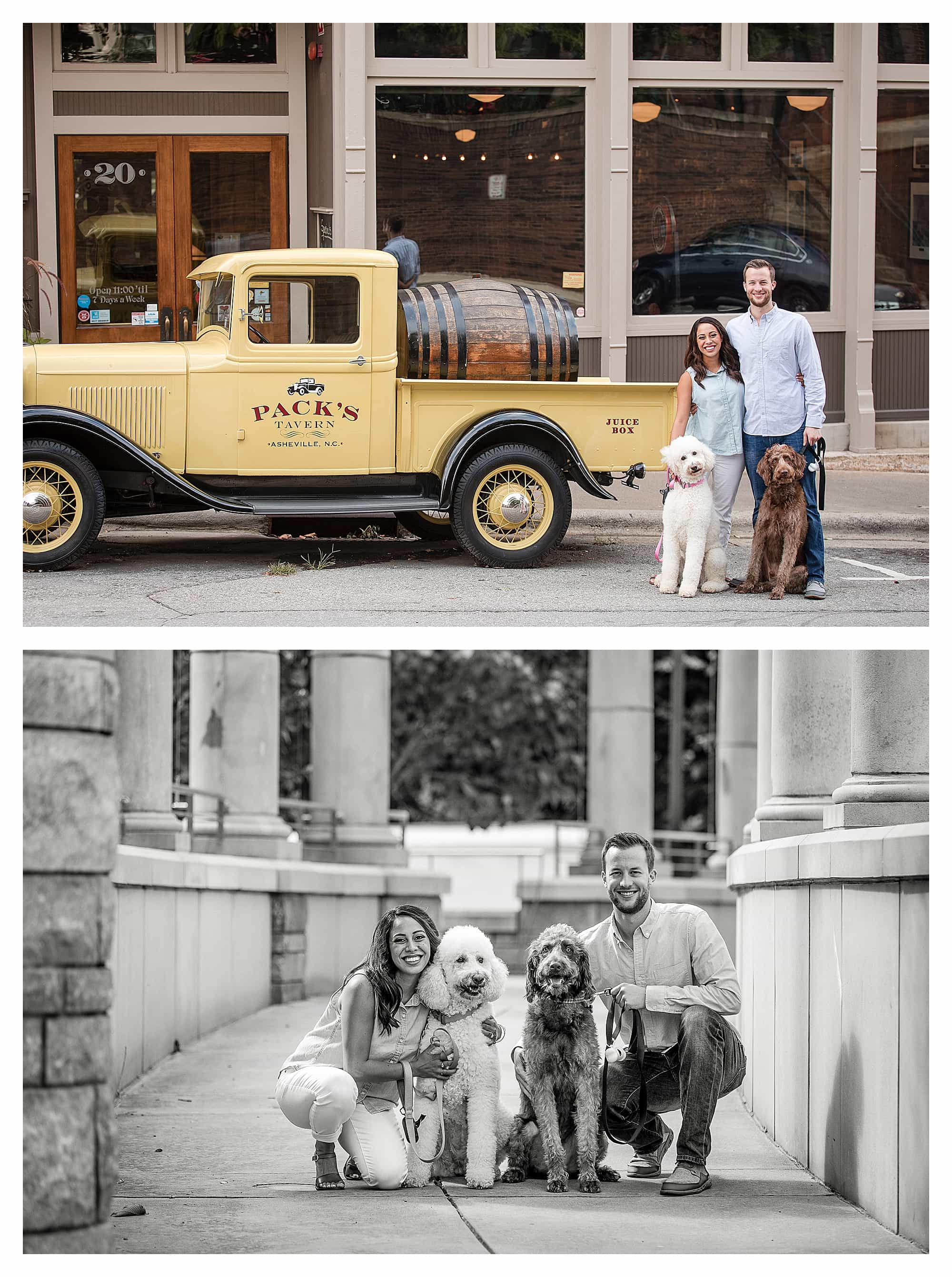 Young engaged couple with arms around one another posing beside yellow classic truck park in front of storefront with their two poodles in downtown asheville