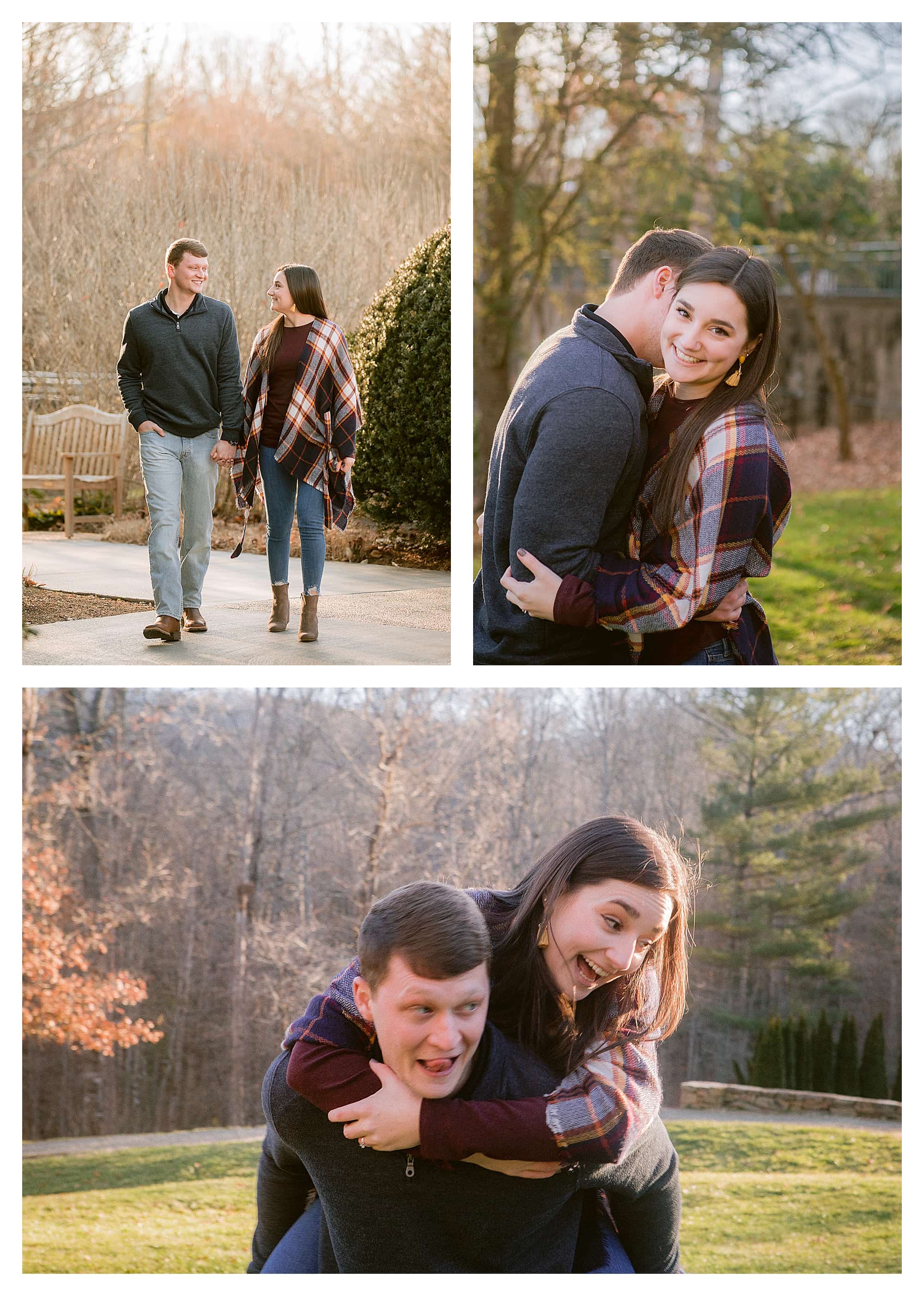 young engaged couple walking holding hands outside at sunset