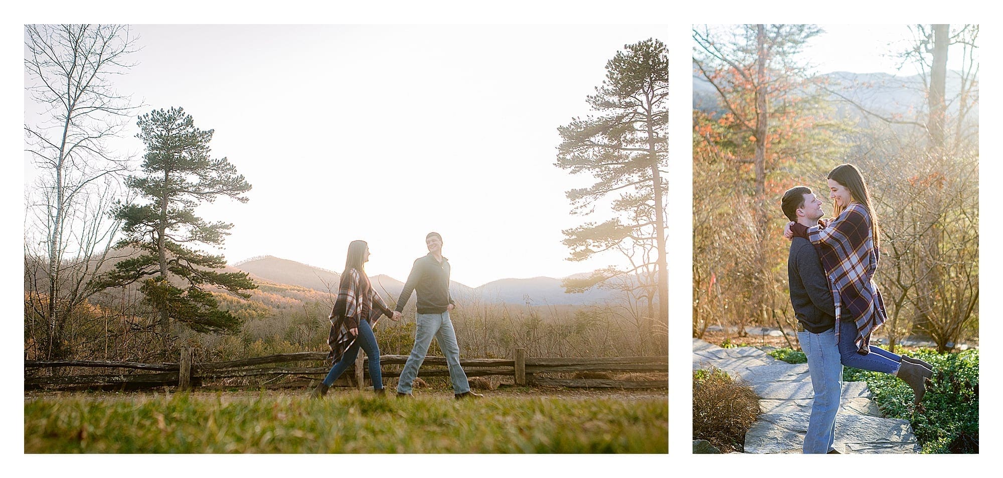 young engaged couple holding hands walking through grassy field in mountains