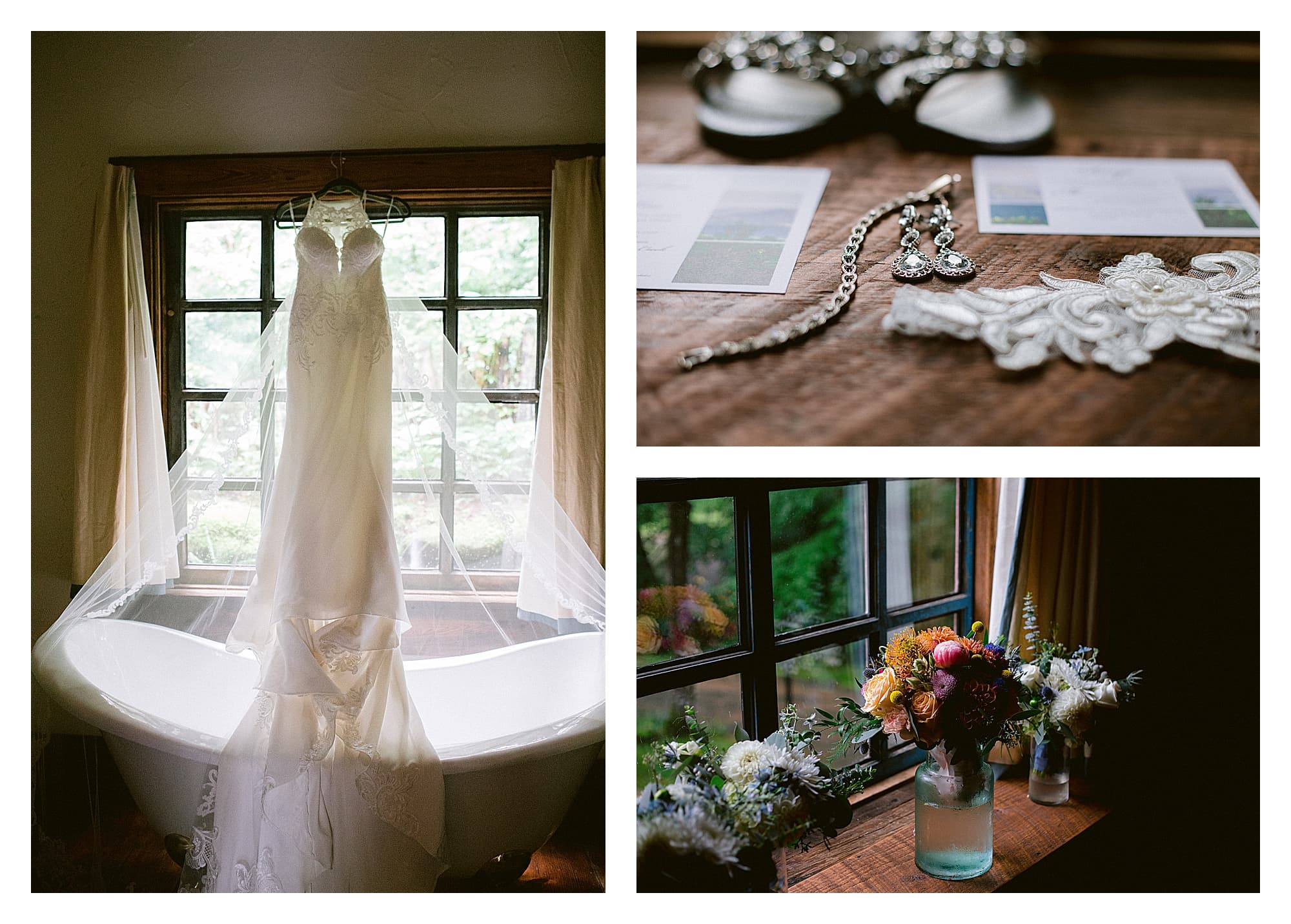 Lace wedding dress hanging in window awaiting bride