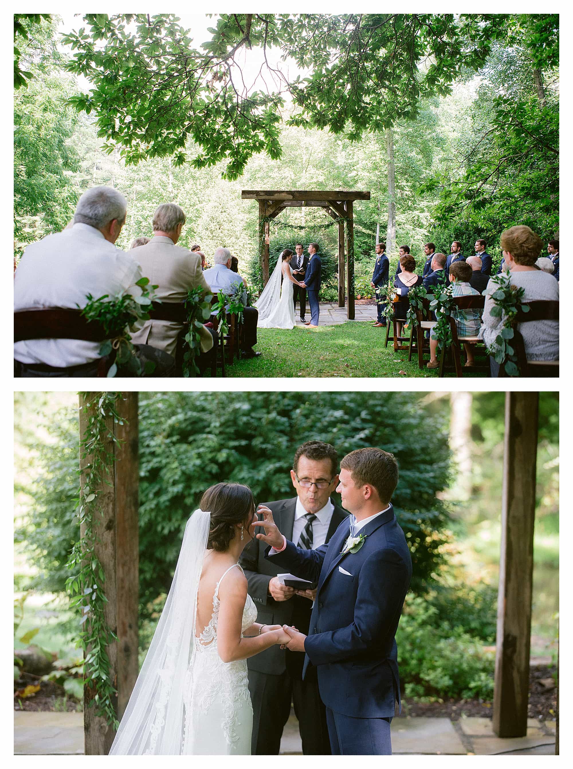 Bride and groom holding hands during outdoor wedding ceremony under arbor surrounded by trees and greenery
