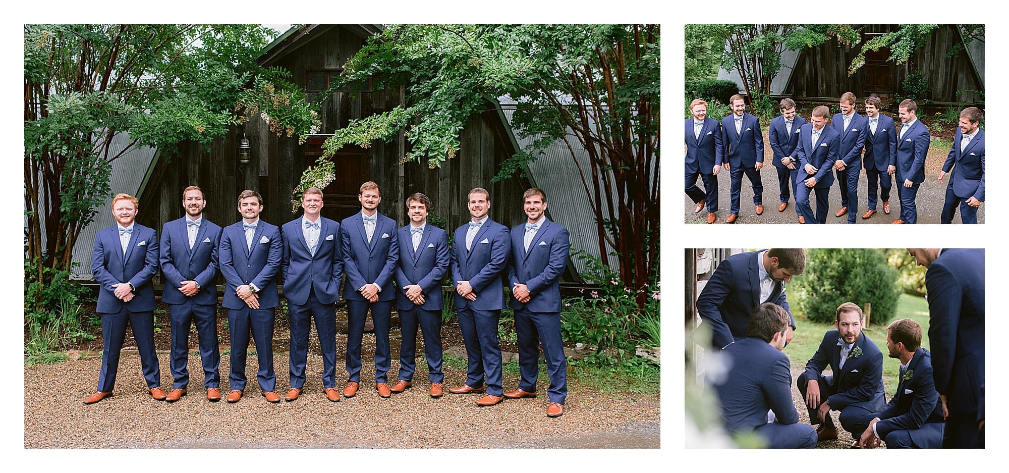 Groomsmen wearing blue suits standing in line smiling at camera