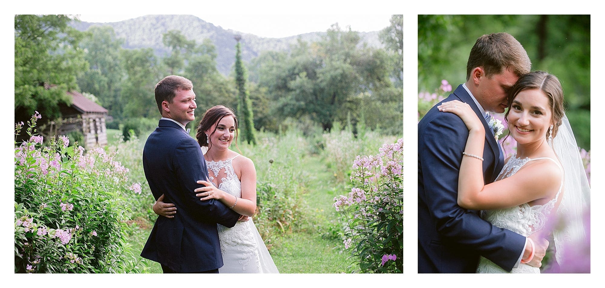 Groom hugging bride outside in wildflower field while she smiles at camera