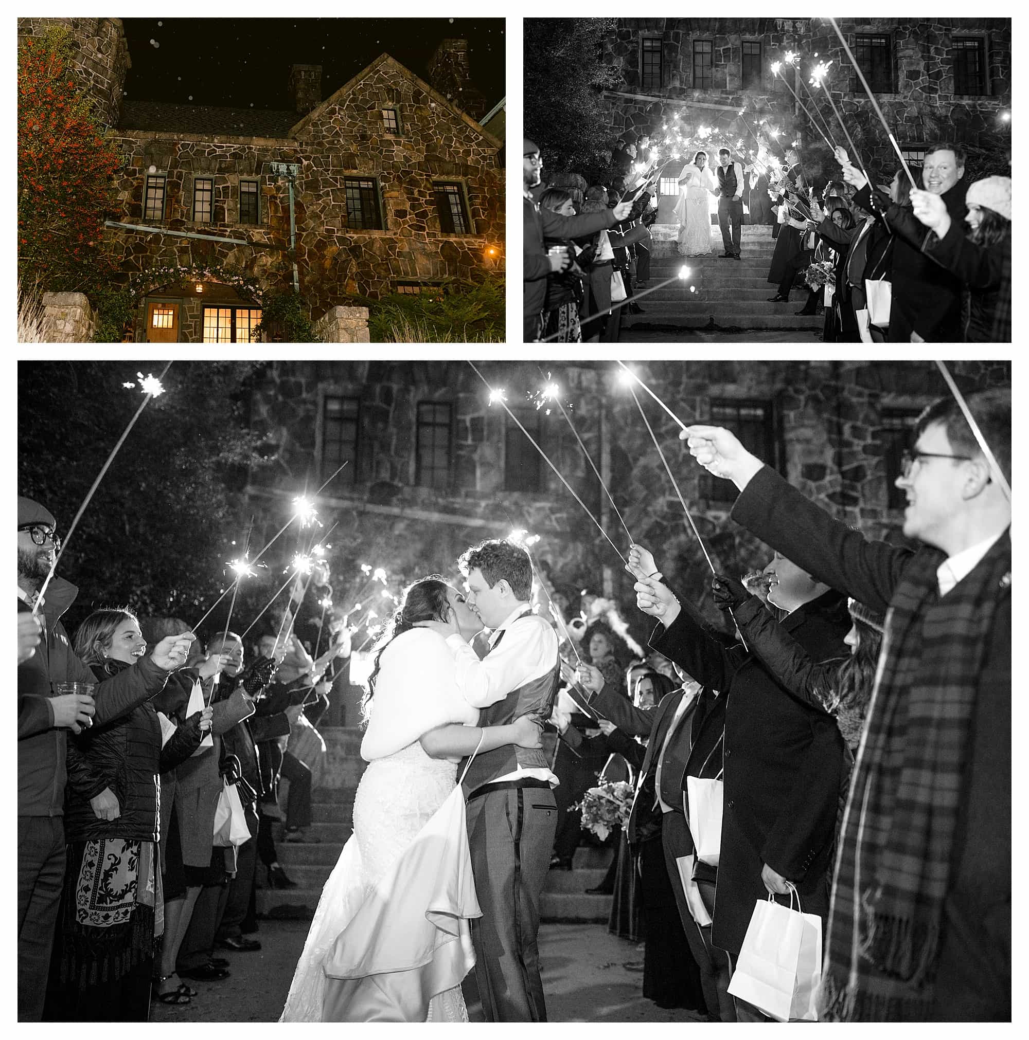 bride and groom exiting down front steps at wedding with sparklers