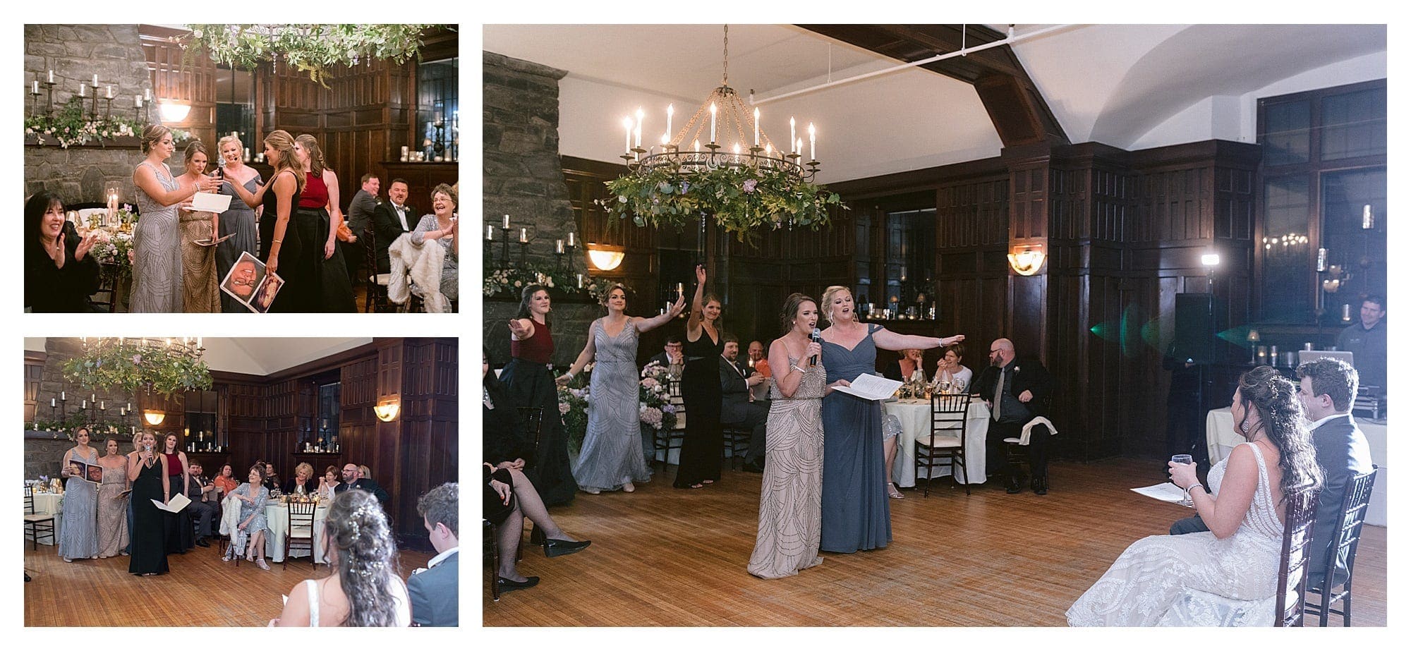 Bridemads sing and dance for the couple at wedding reception in Asheville