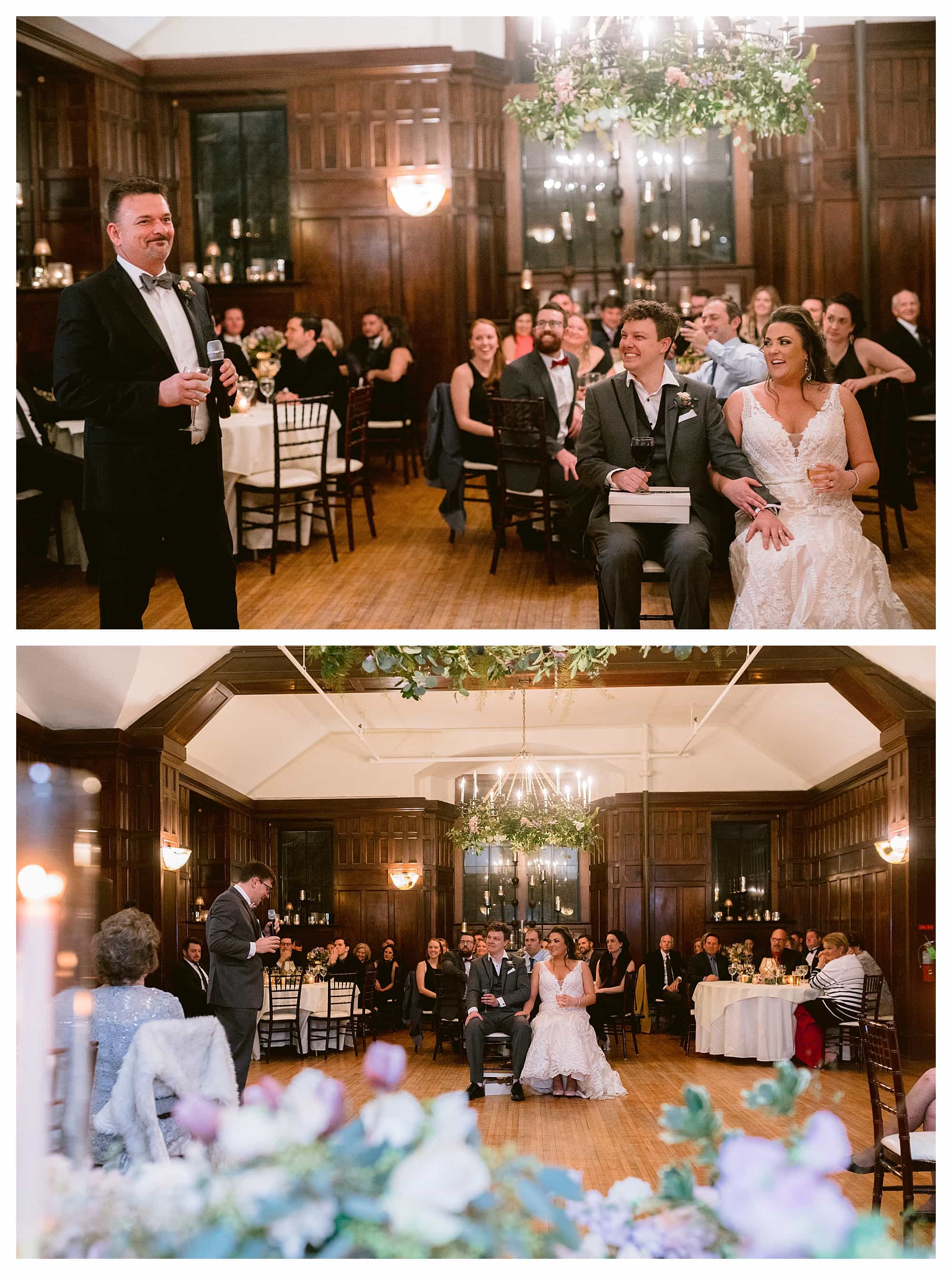 Couples laughs while dad gives speech at wedding reception