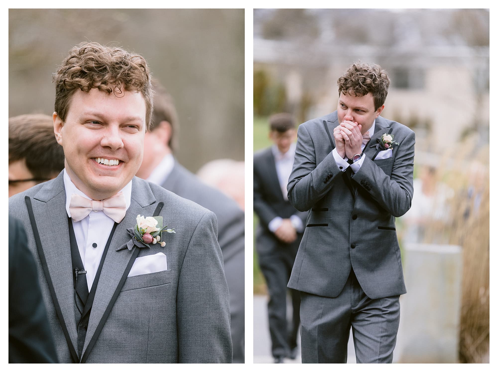 Groom laughs and warms his hands on cold wedding day