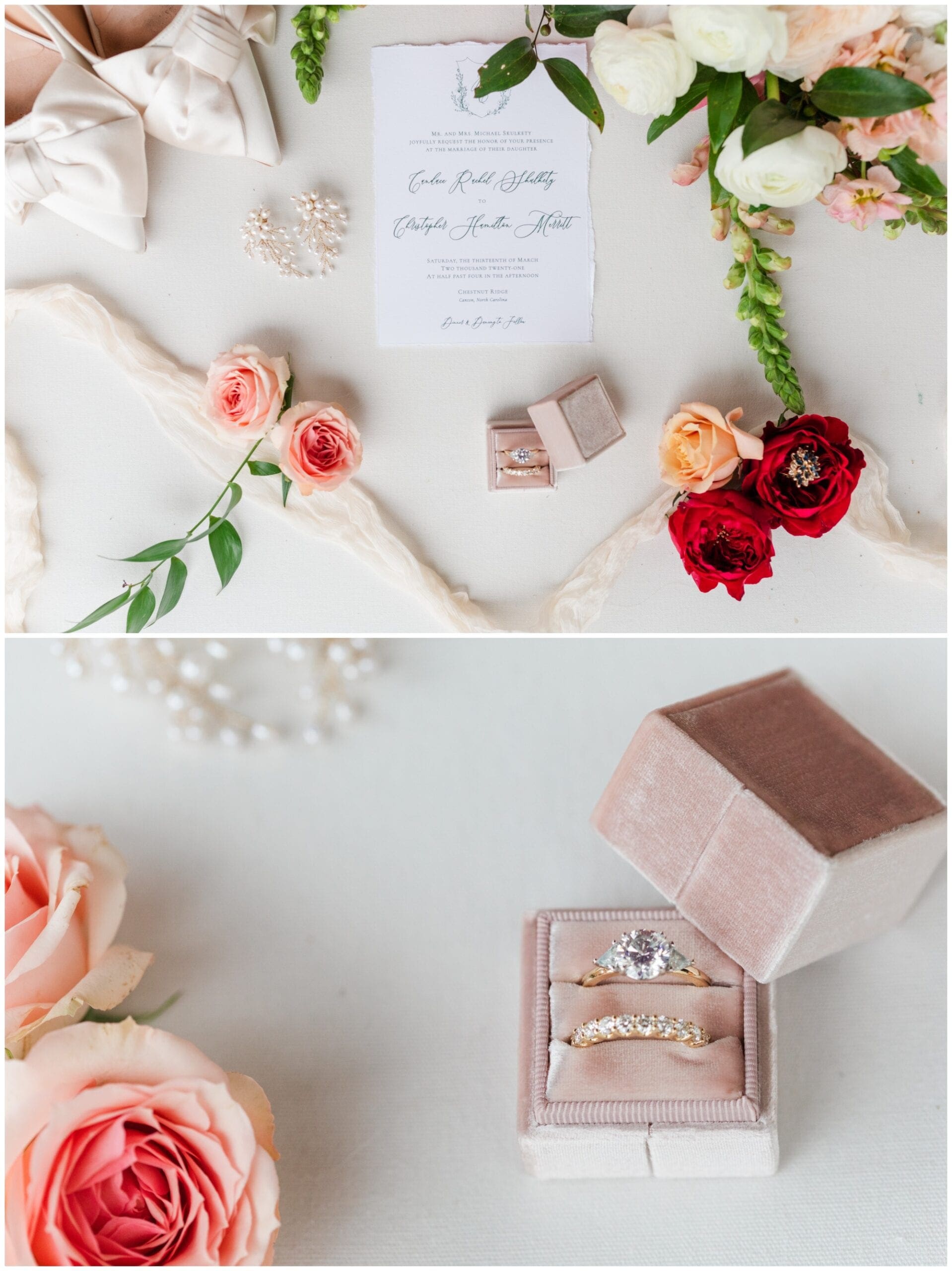 Ring and brides details with invitation photo