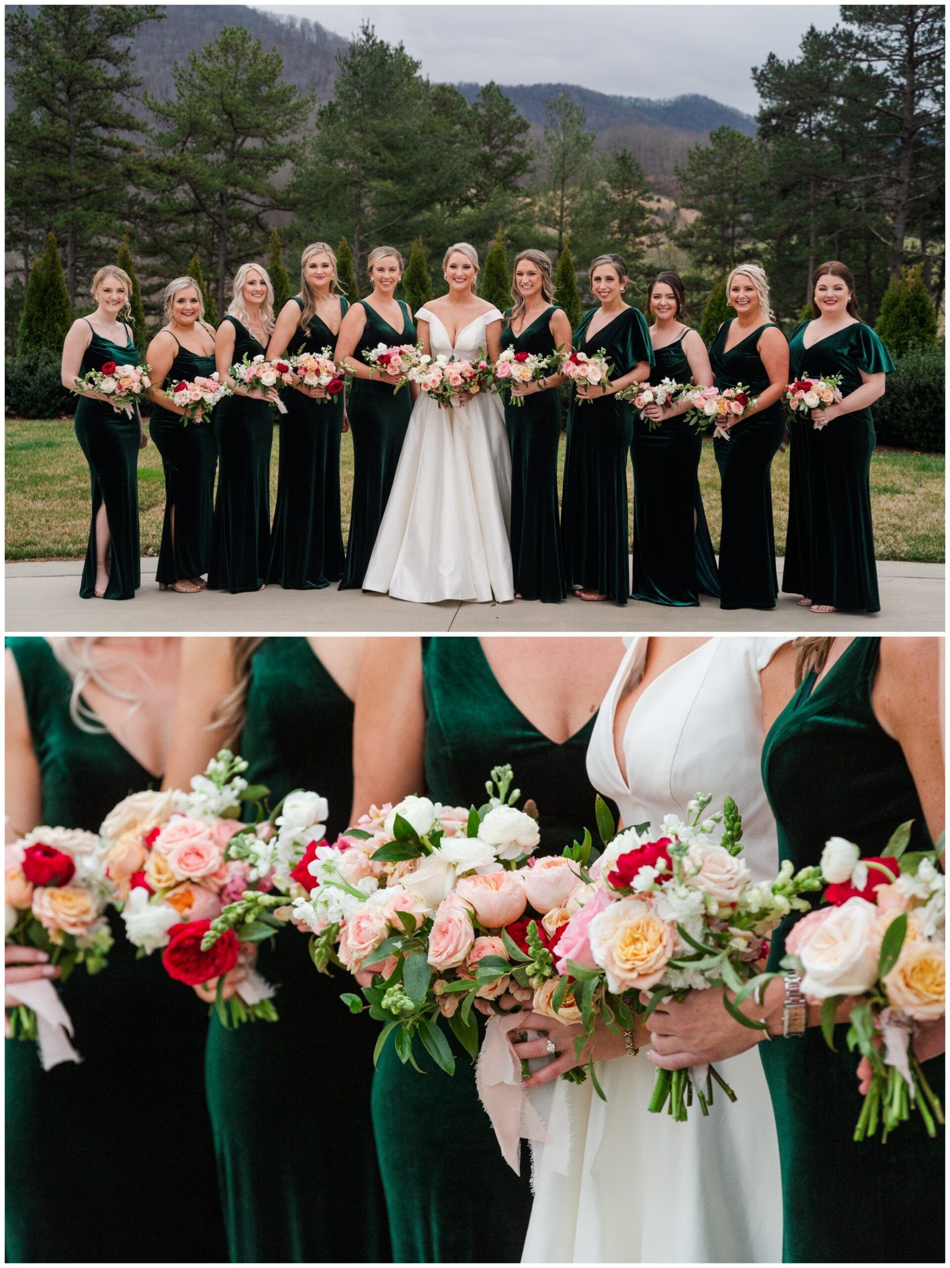 Bridesmaids in Green Velvet Dresses with mountains in the background