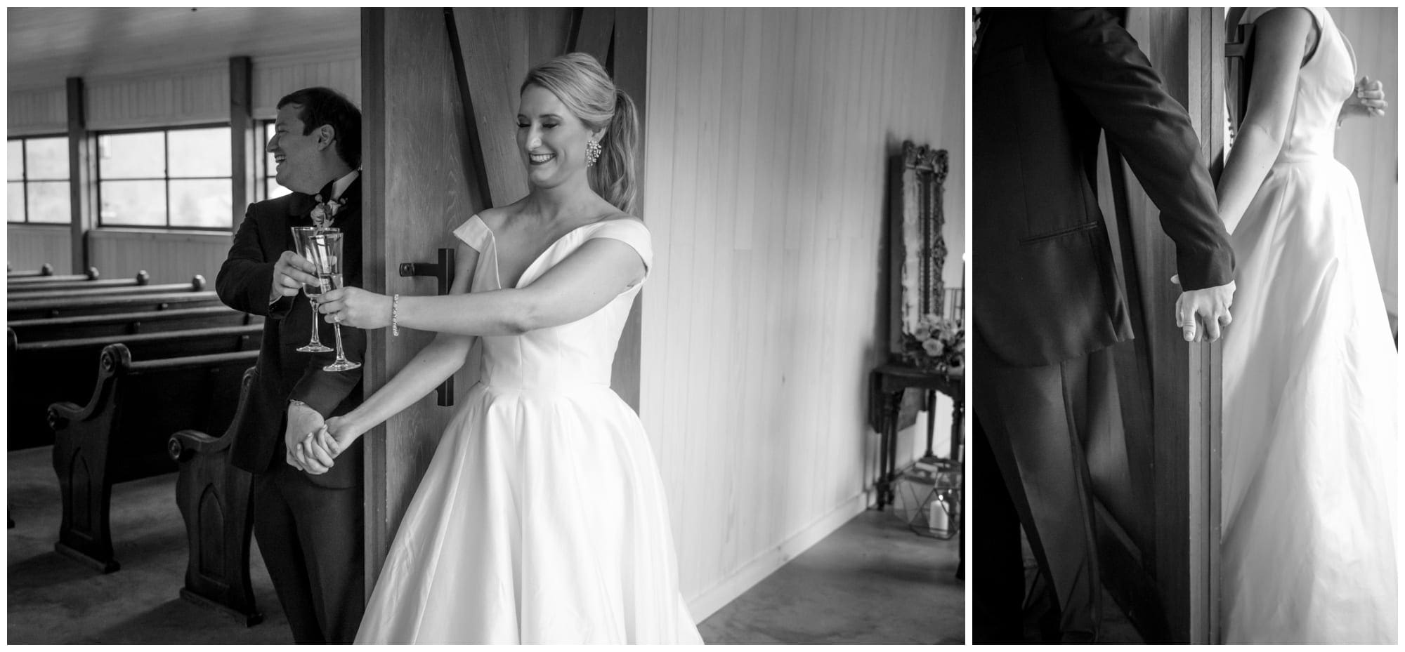 Black and white photos of couple sharing a first touch and champagne toast