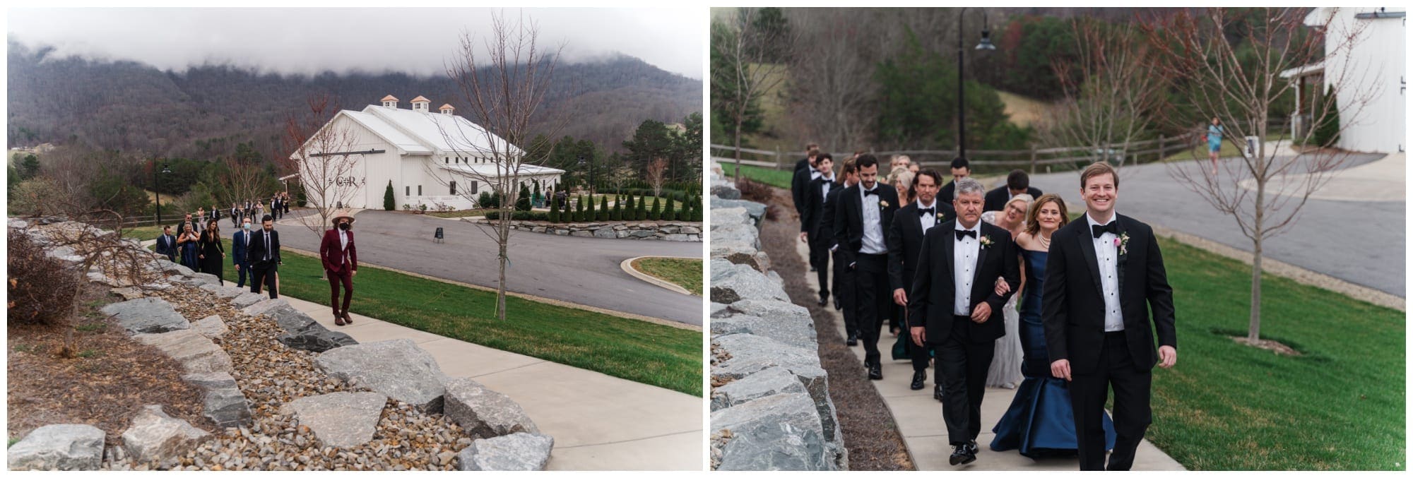 Bridal party walking up the the ceremony location at Chestnut Ridge