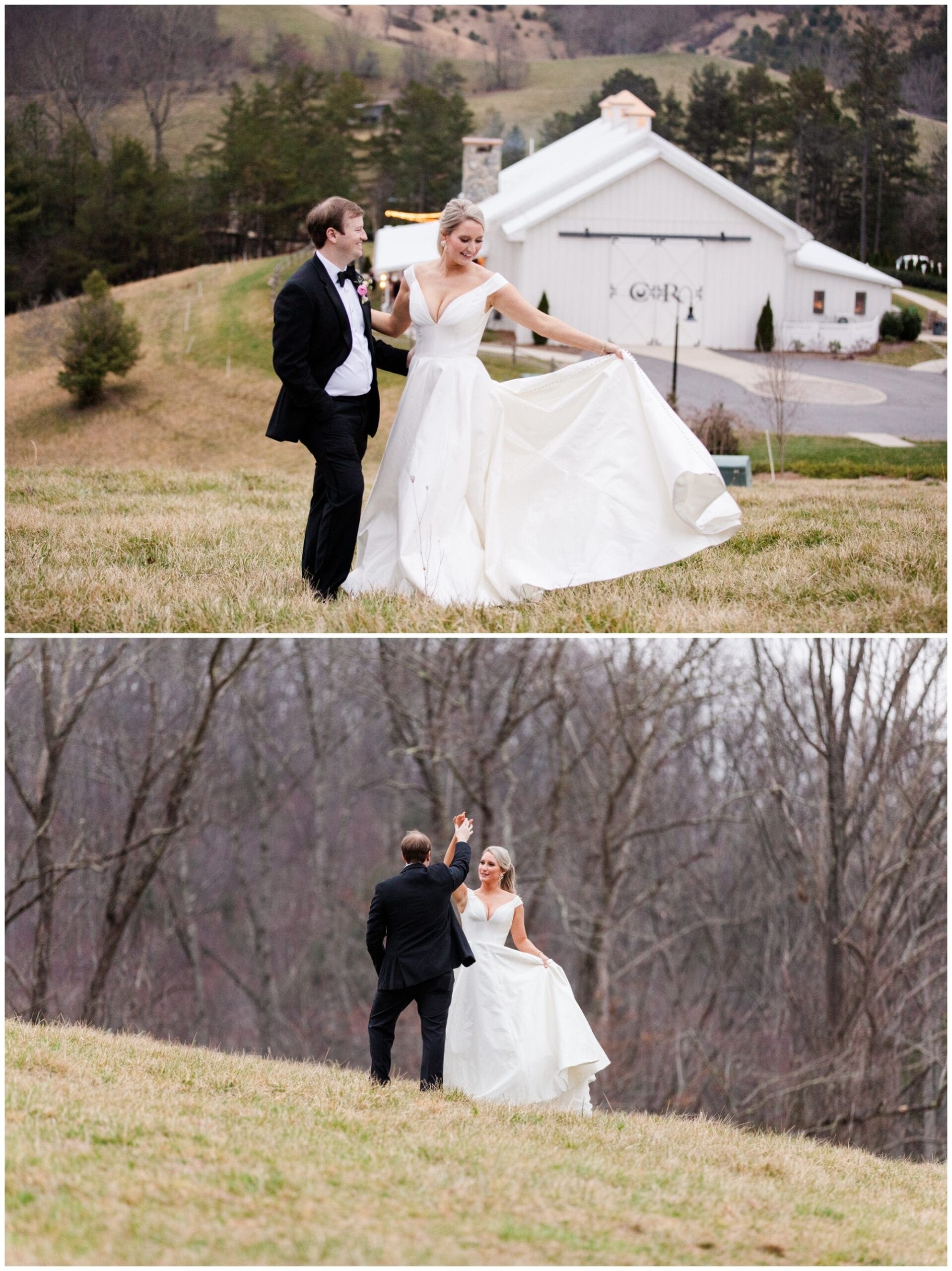 Couple dancing in field above their wedding venue