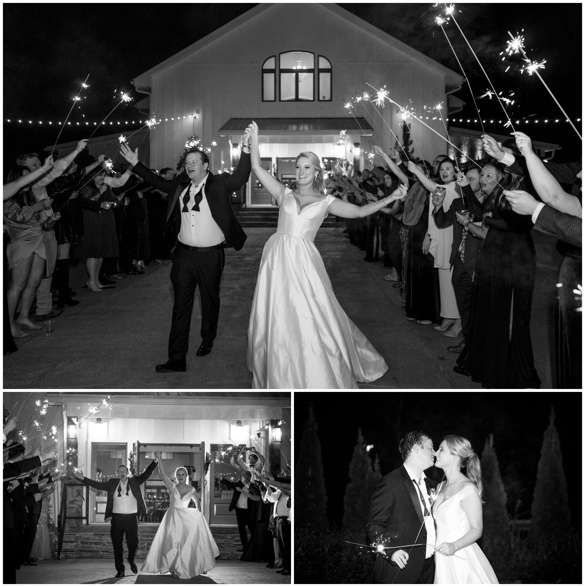 Black and White photos of sparkler exit at asheville wedding venue