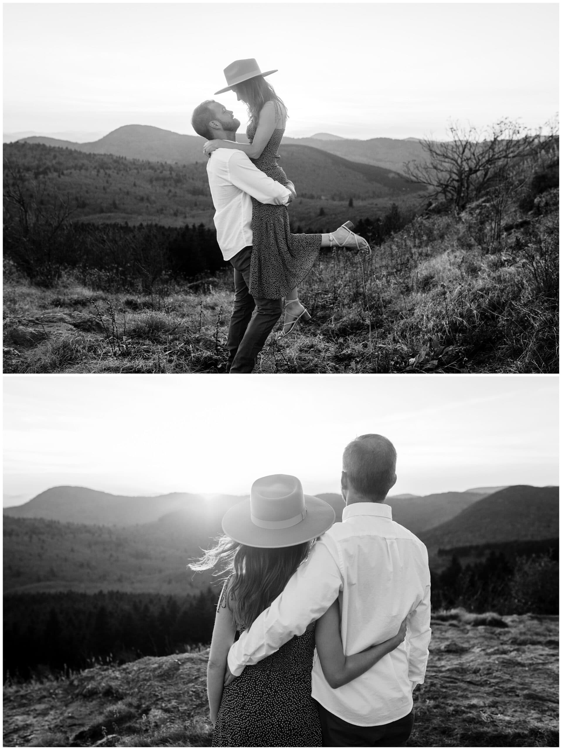 Black and white images from engagement session at Black Balsam Knob.
