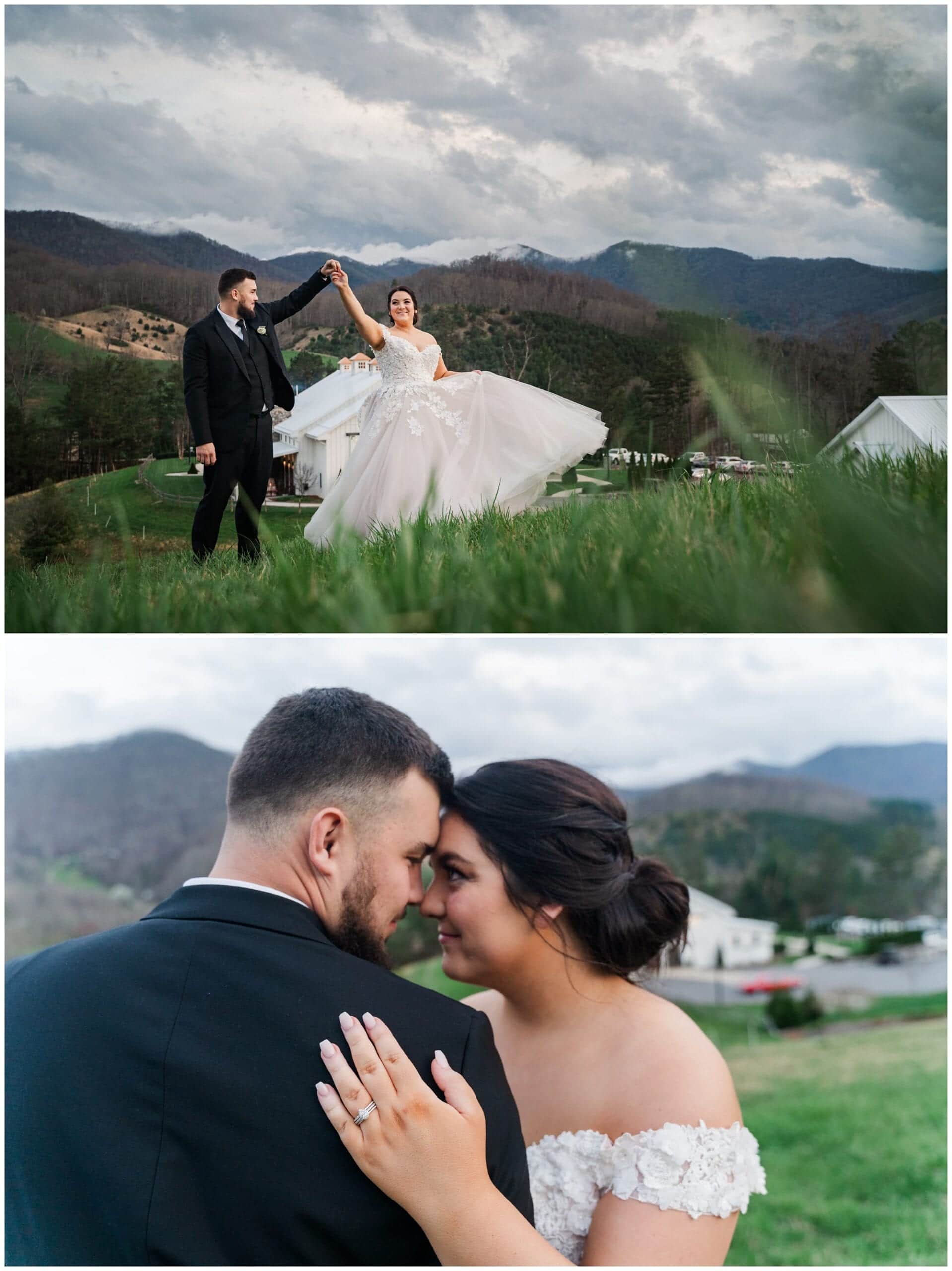 Bride and groom in field with mountains in the background