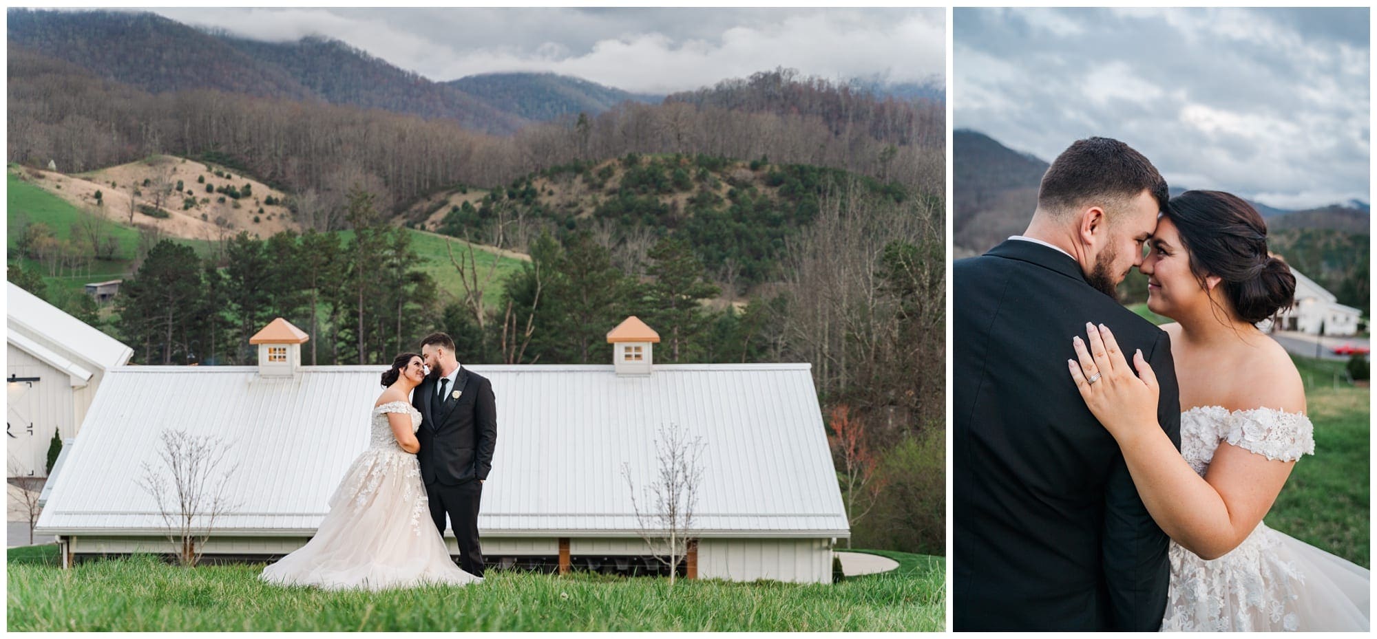 Bride and Groom in field overlooking wedding venue and mountains