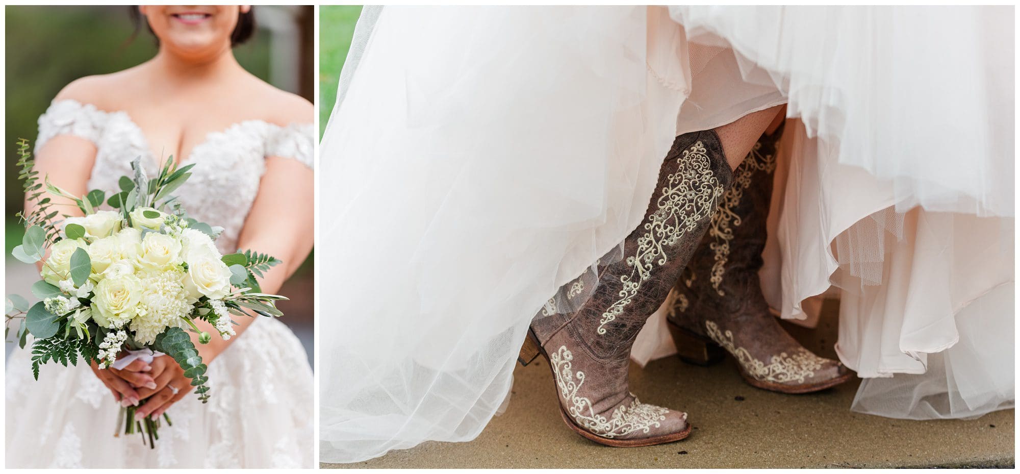 bride details, cowboy boots with dress