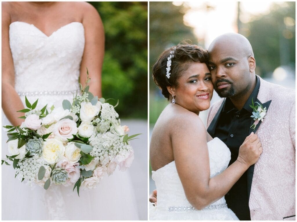 Blush spring floral bouquet for the bride, paired with a photo of the groom in his blush jacket.